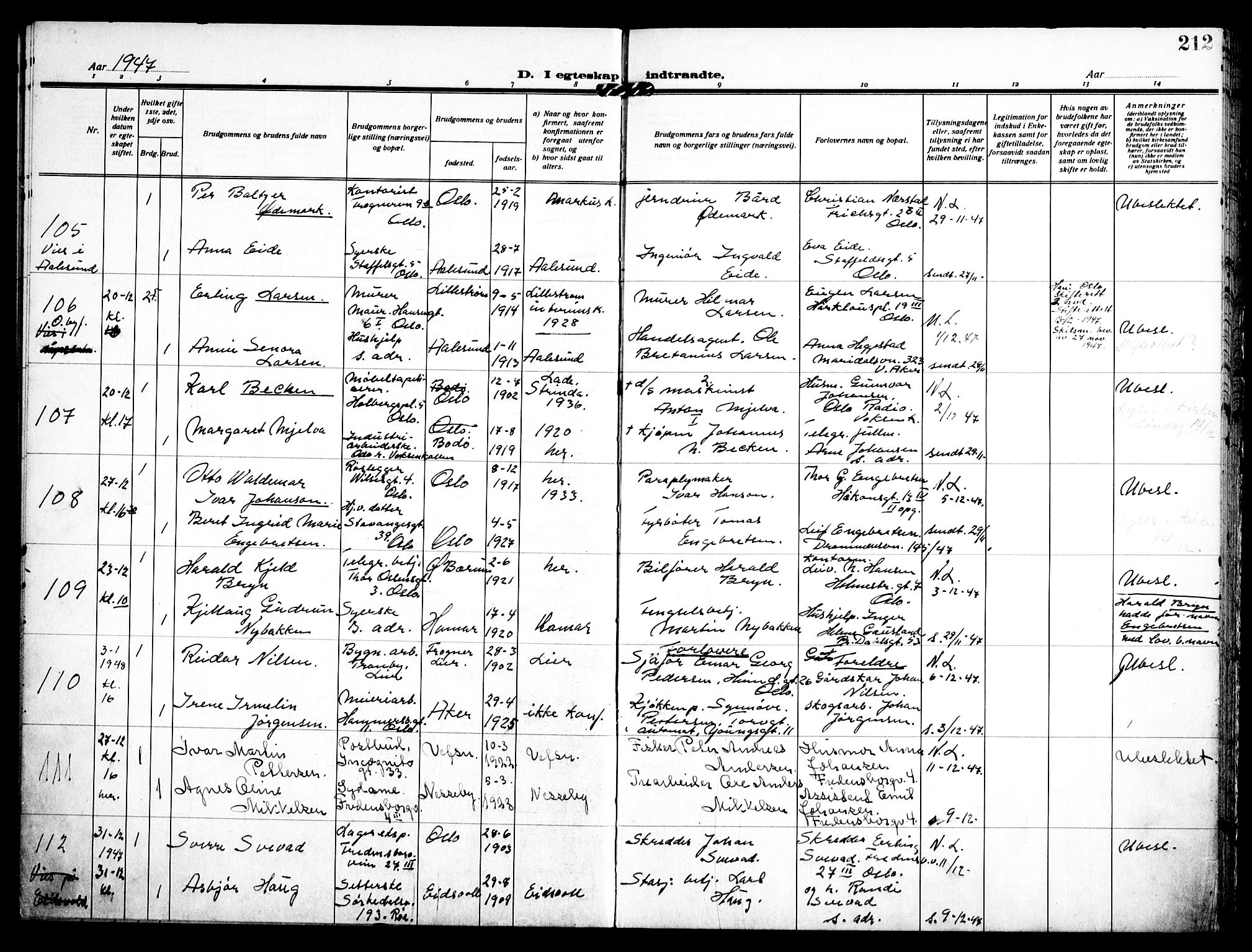 Trefoldighet prestekontor Kirkebøker, AV/SAO-A-10882/H/Ha/L0005: Banns register no. 5, 1932-1952, p. 212