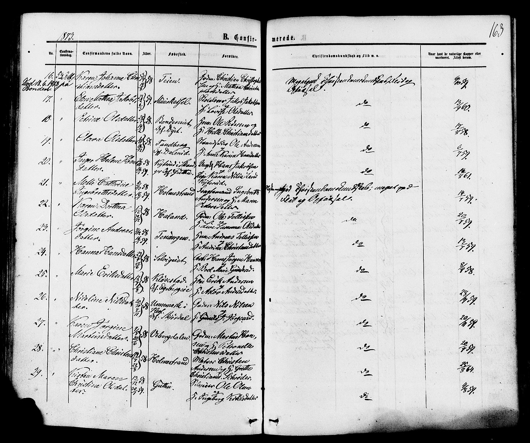 Sande Kirkebøker, AV/SAKO-A-53/F/Fa/L0005: Parish register (official) no. 5, 1865-1877, p. 163