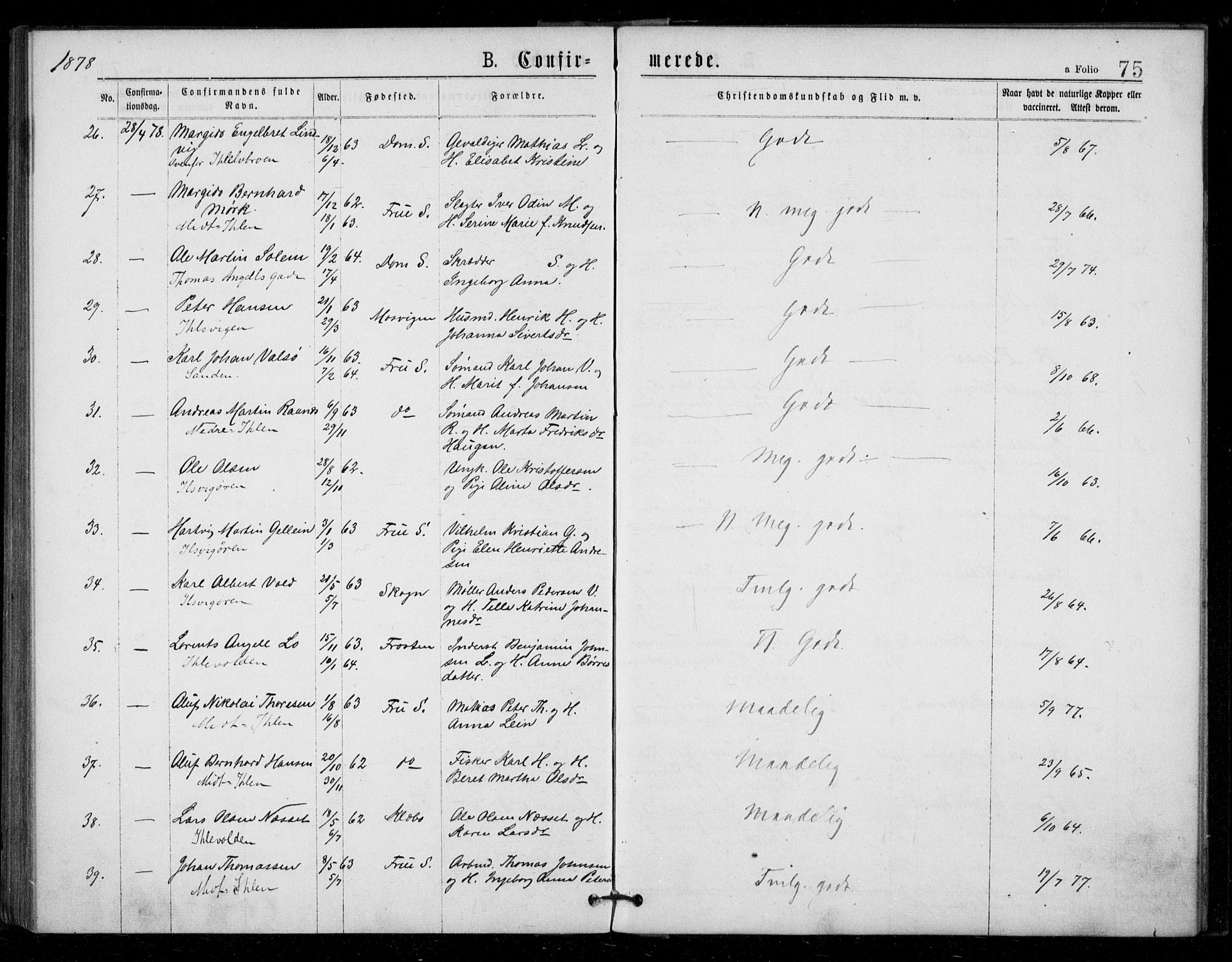 Ministerialprotokoller, klokkerbøker og fødselsregistre - Sør-Trøndelag, AV/SAT-A-1456/602/L0121: Parish register (official) no. 602A19, 1872-1879, p. 75