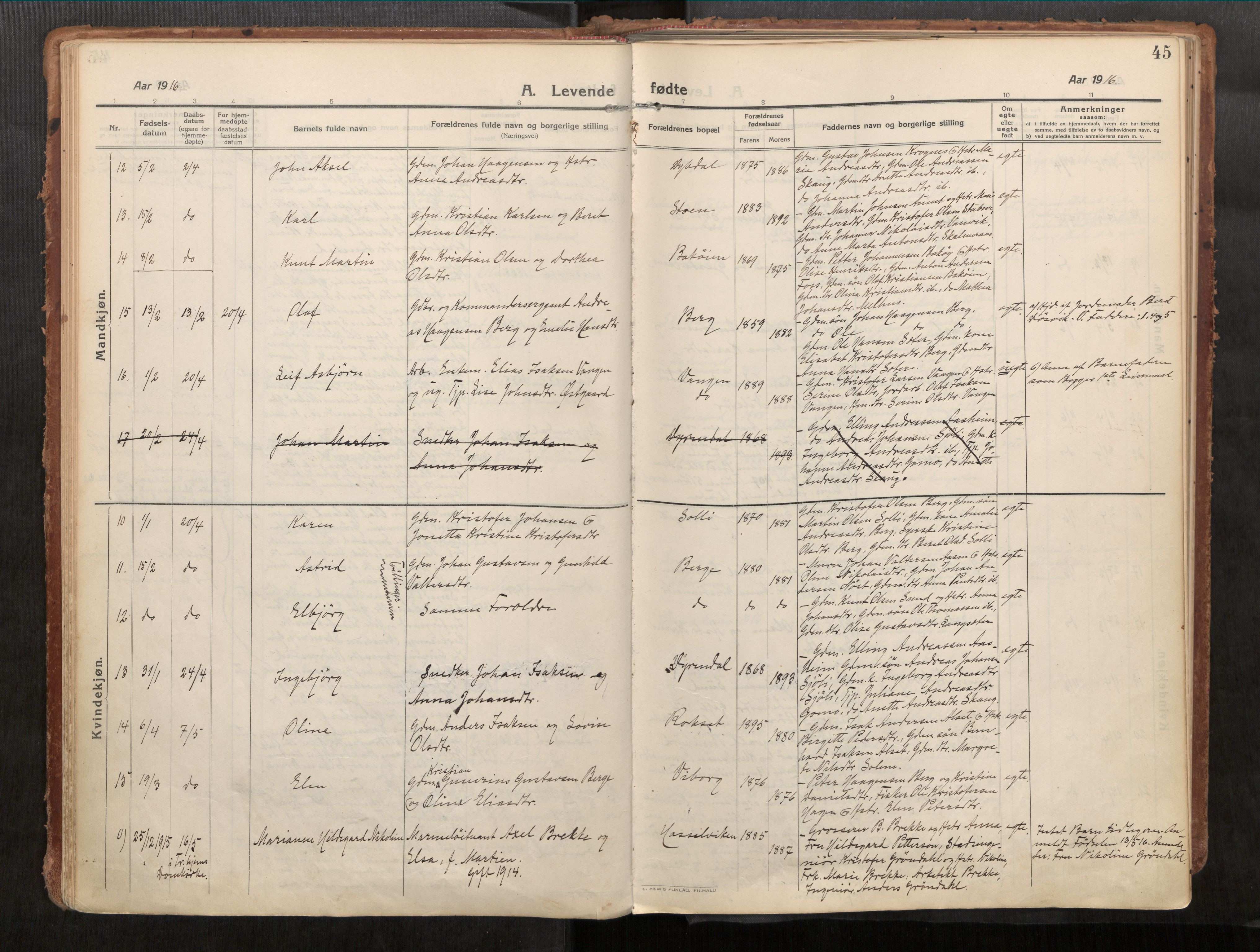 Stadsbygd sokneprestkontor, AV/SAT-A-1117/1/I/I1/I1a/L0001: Parish register (official) no. 1, 1911-1929, p. 45