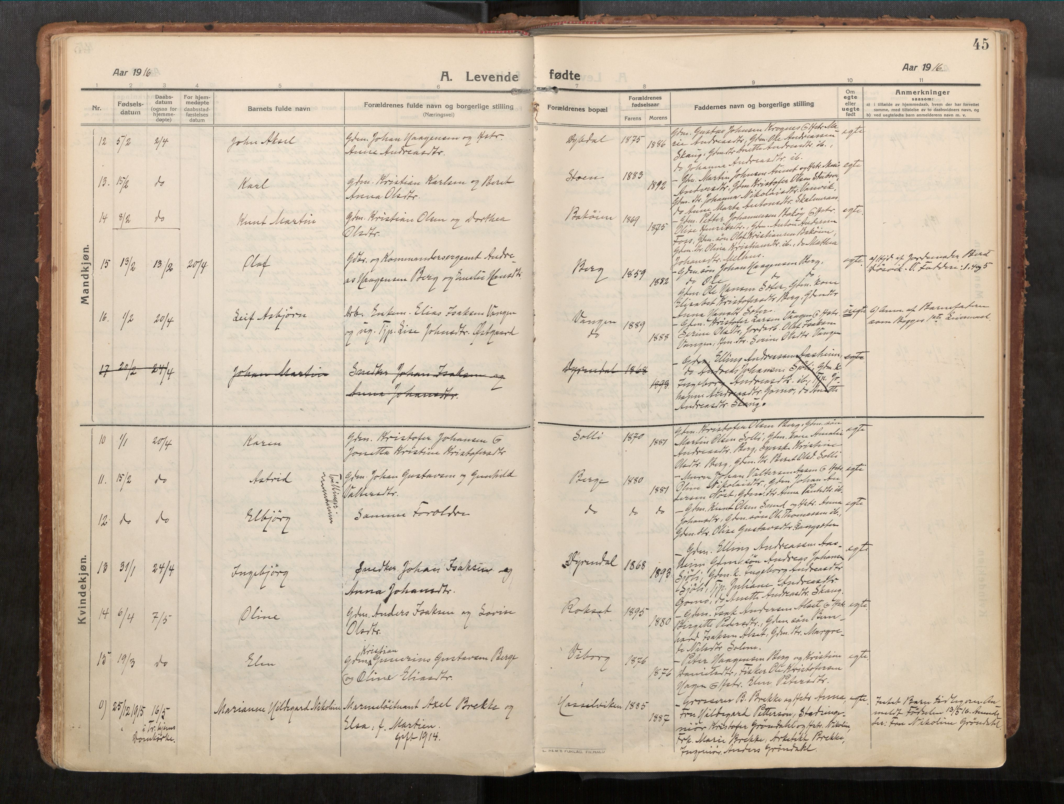 Stadsbygd sokneprestkontor, AV/SAT-A-1117/1/I/I1/I1a/L0001: Parish register (official) no. 1, 1911-1929, p. 45