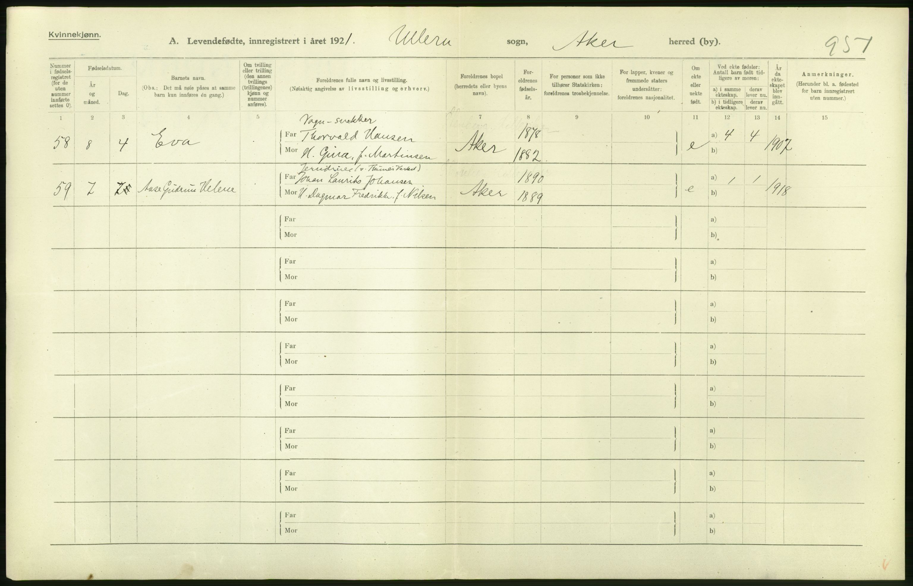 Statistisk sentralbyrå, Sosiodemografiske emner, Befolkning, AV/RA-S-2228/D/Df/Dfc/Dfca/L0004: Akershus fylke: Levendefødte menn og kvinner. Bygder., 1921, p. 58