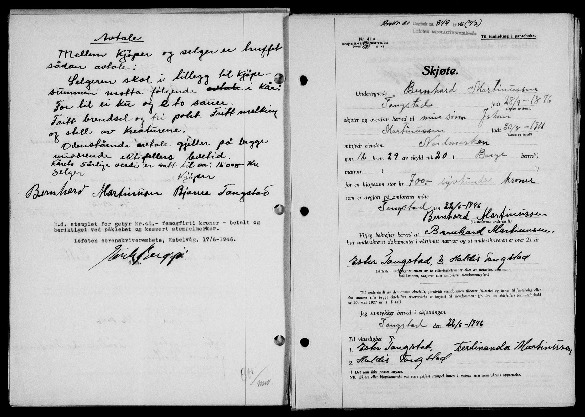 Lofoten sorenskriveri, SAT/A-0017/1/2/2C/L0014a: Mortgage book no. 14a, 1946-1946, Diary no: : 849/1946