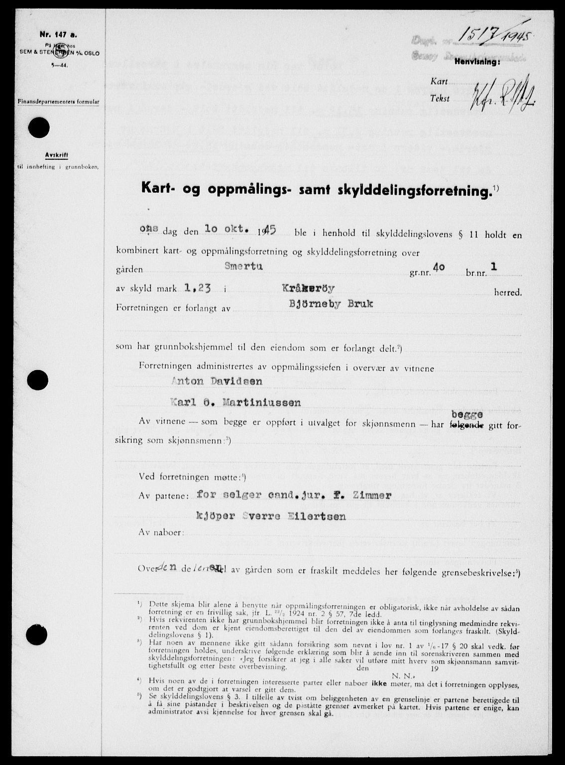 Onsøy sorenskriveri, SAO/A-10474/G/Ga/Gab/L0015: Mortgage book no. II A-15, 1945-1946, Diary no: : 1517/1945