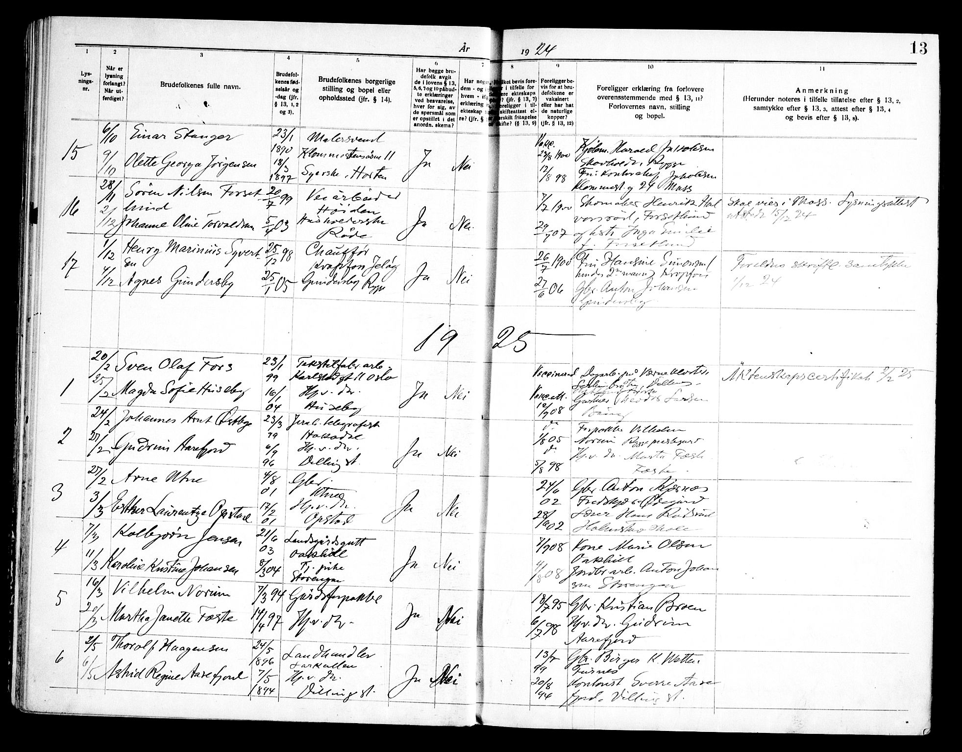 Rygge prestekontor Kirkebøker, SAO/A-10084b/H/Ha/L0002: Banns register no. 2, 1919-1961, p. 13