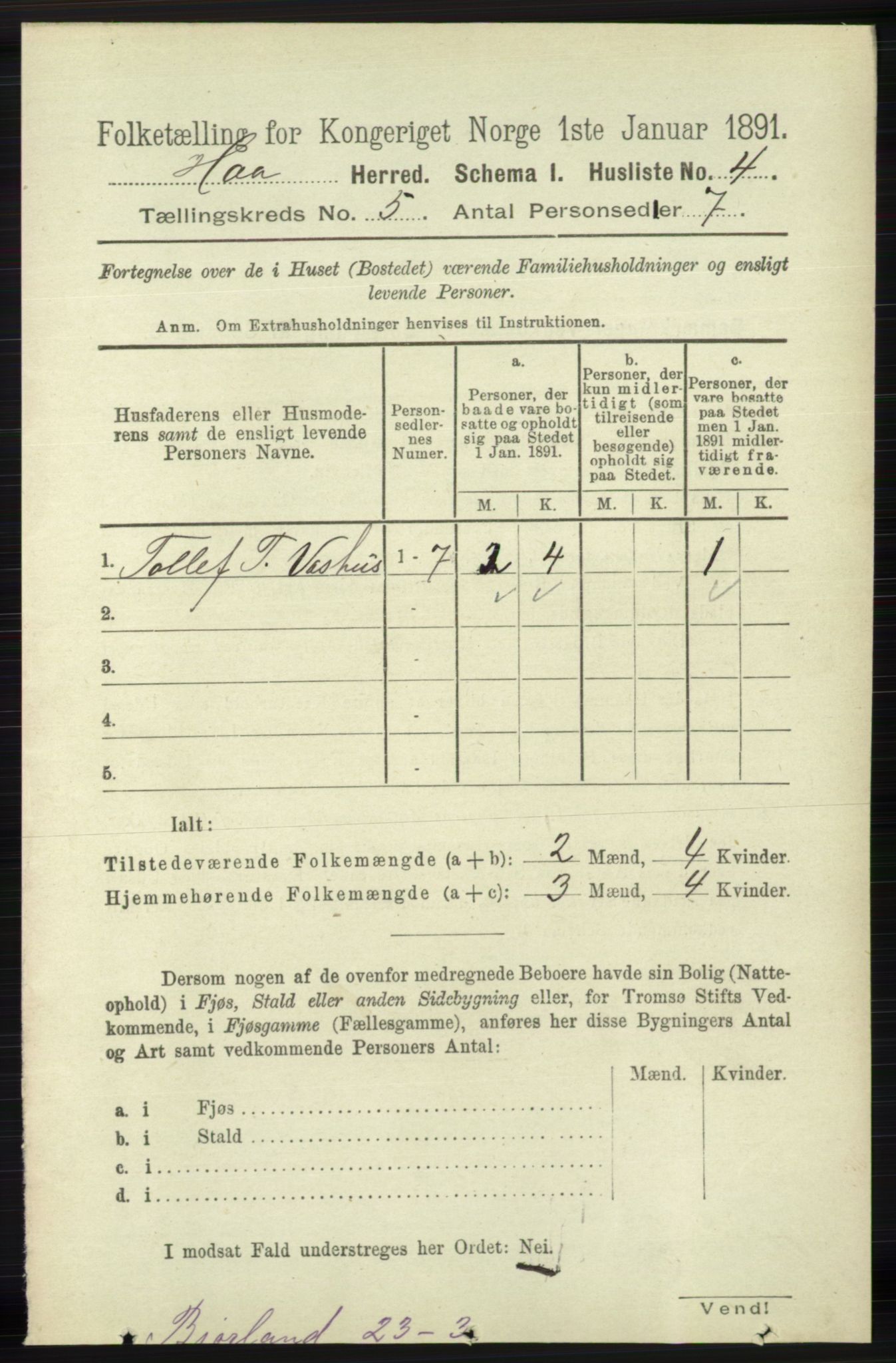 RA, 1891 census for 1119 Hå, 1891, p. 1290