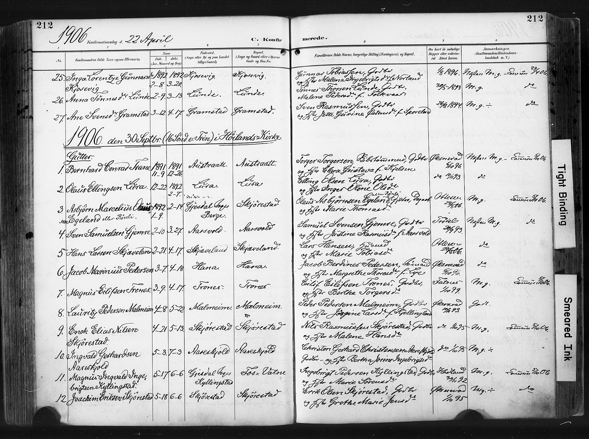 Høyland sokneprestkontor, AV/SAST-A-101799/001/30BA/L0015: Parish register (official) no. A 14, 1899-1911, p. 212