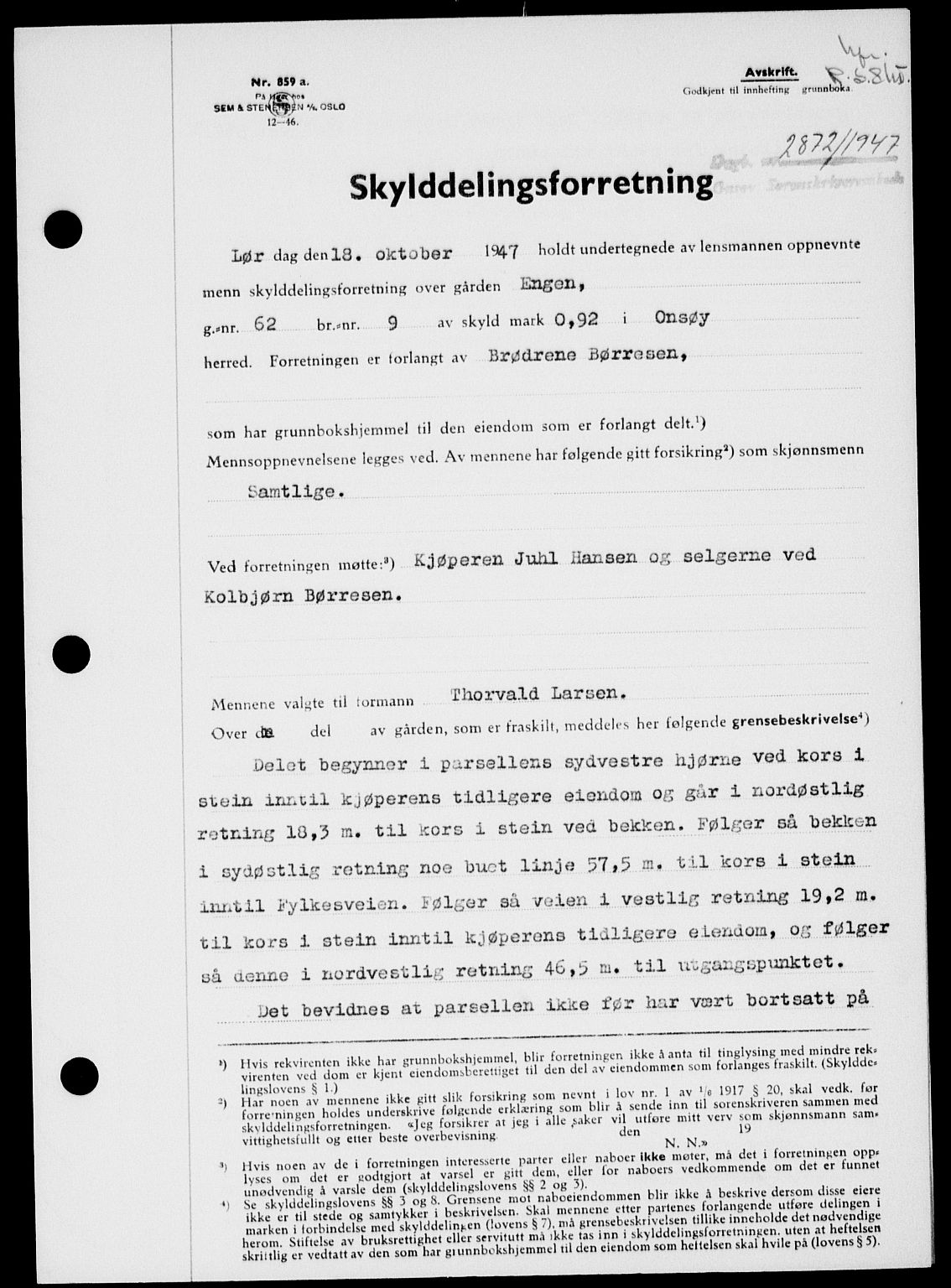 Onsøy sorenskriveri, SAO/A-10474/G/Ga/Gab/L0021: Mortgage book no. II A-21, 1947-1947, Diary no: : 2872/1947