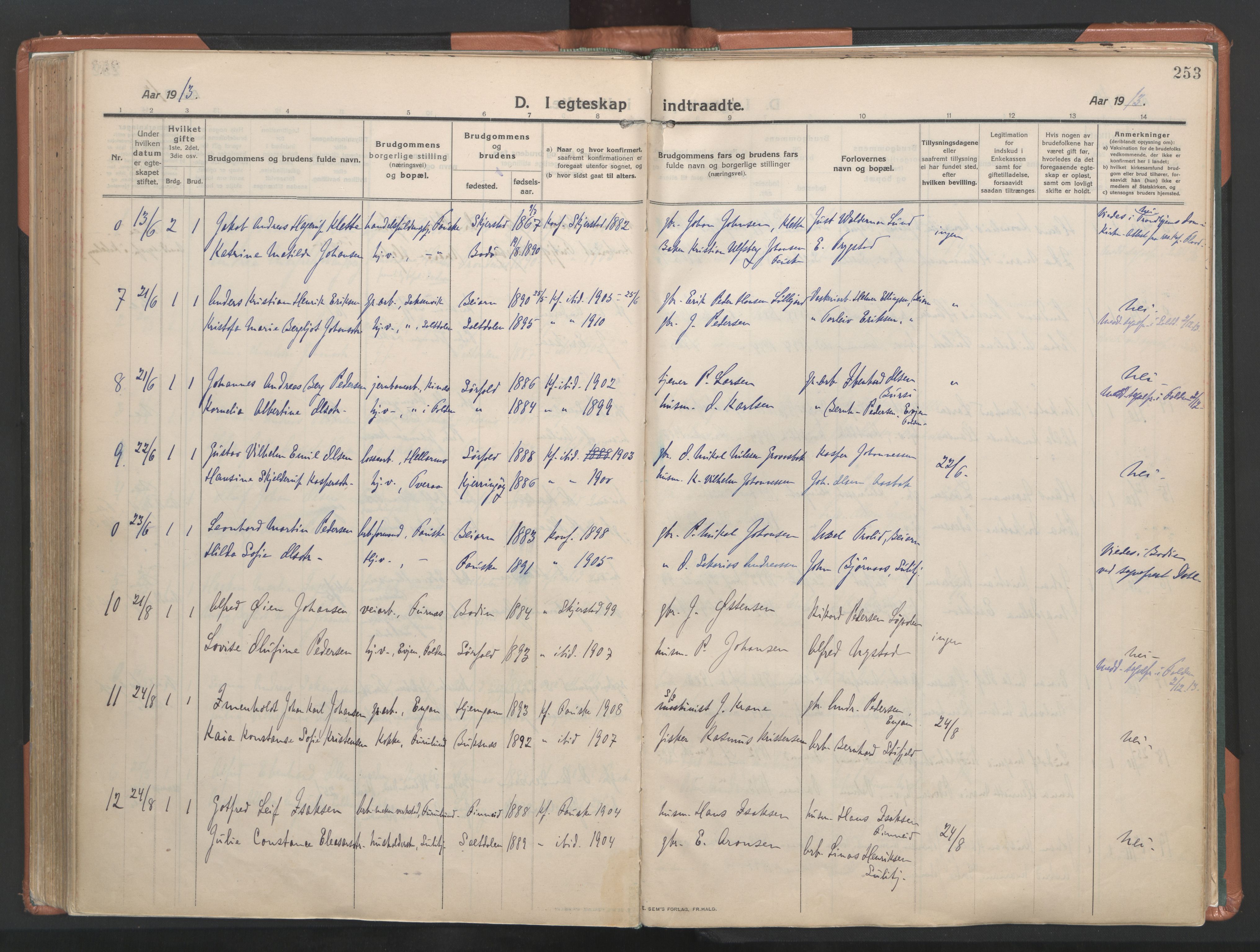 Ministerialprotokoller, klokkerbøker og fødselsregistre - Nordland, AV/SAT-A-1459/849/L0698: Parish register (official) no. 849A09, 1911-1924, p. 253