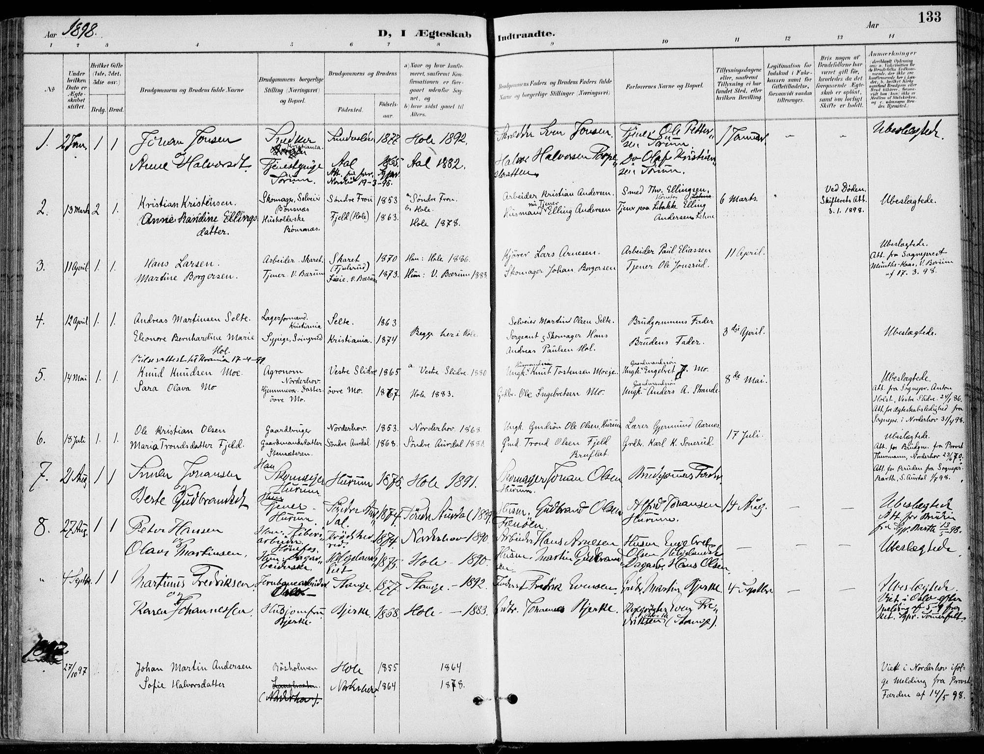 Hole kirkebøker, SAKO/A-228/F/Fa/L0009: Parish register (official) no. I 9, 1892-1907, p. 133
