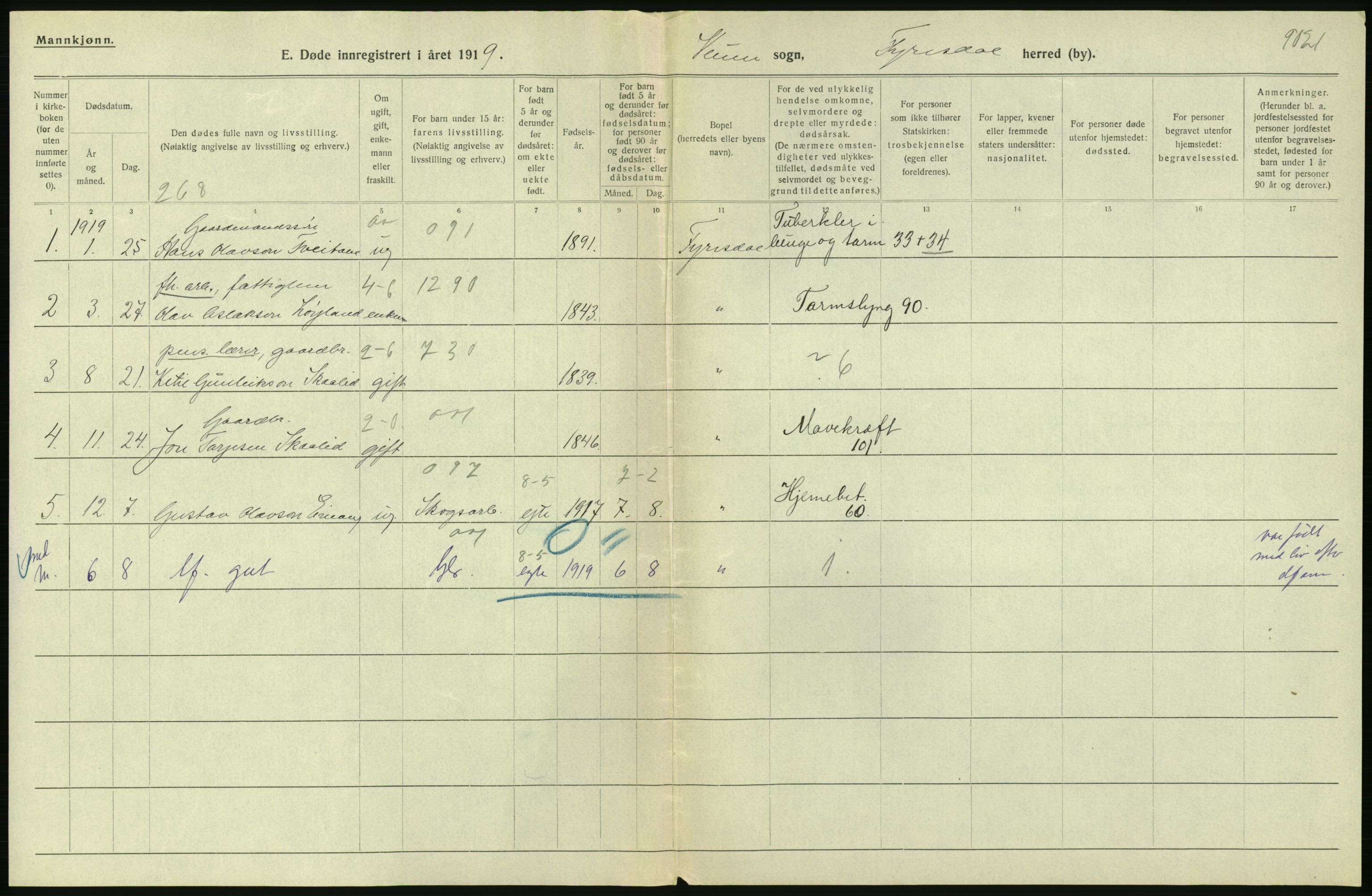 Statistisk sentralbyrå, Sosiodemografiske emner, Befolkning, AV/RA-S-2228/D/Df/Dfb/Dfbi/L0023: Telemark fylke: Døde. Bygder og byer., 1919, p. 158