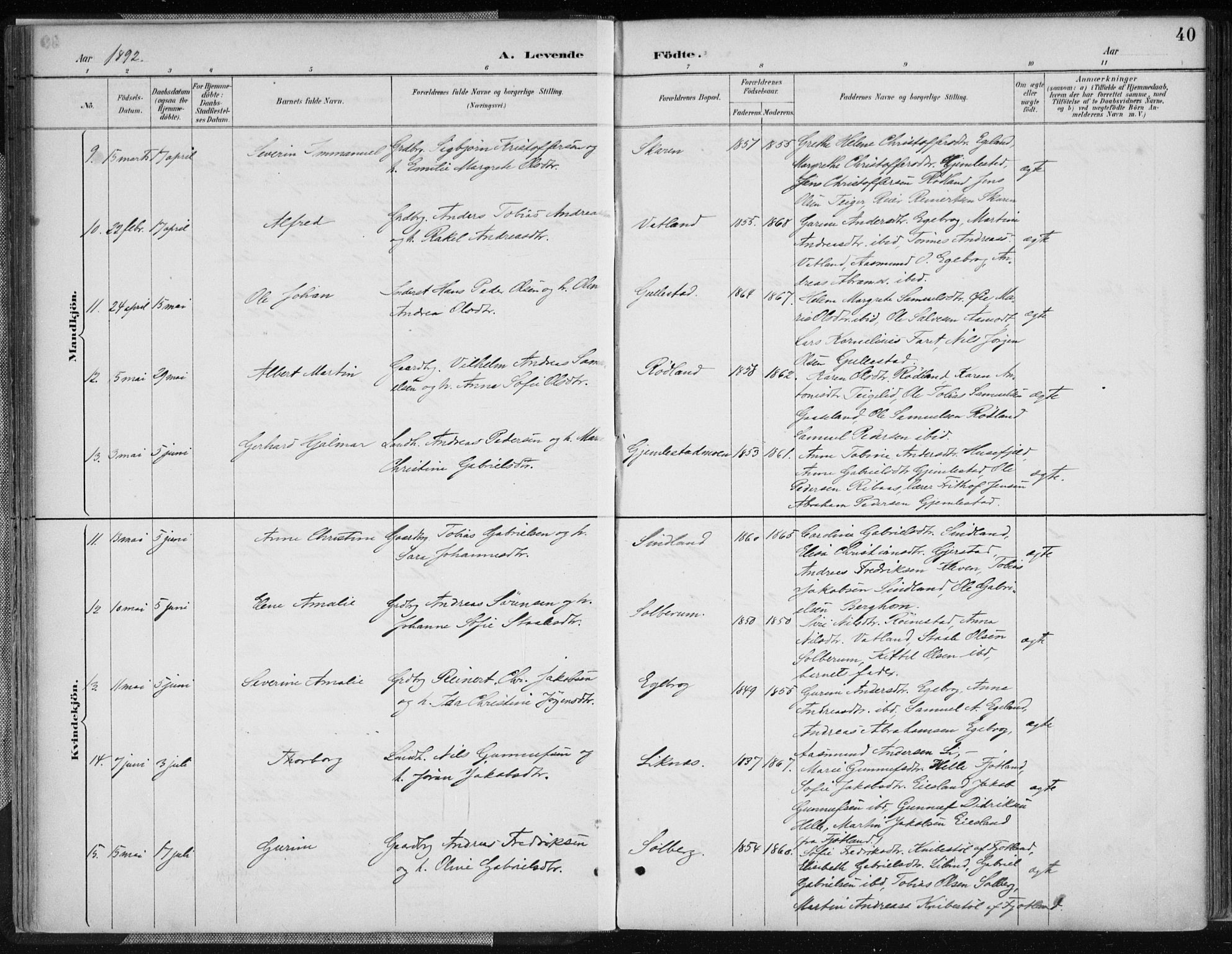 Kvinesdal sokneprestkontor, AV/SAK-1111-0026/F/Fa/Fab/L0008: Parish register (official) no. A 8, 1886-1897, p. 40