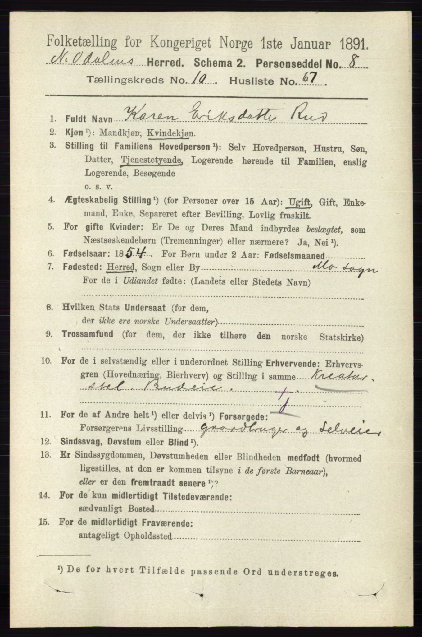 RA, 1891 census for 0418 Nord-Odal, 1891, p. 4953