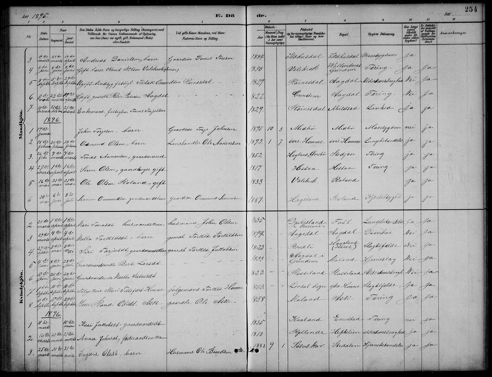 Bjelland sokneprestkontor, SAK/1111-0005/F/Fb/Fba/L0005: Parish register (copy) no. B 5, 1887-1923, p. 254