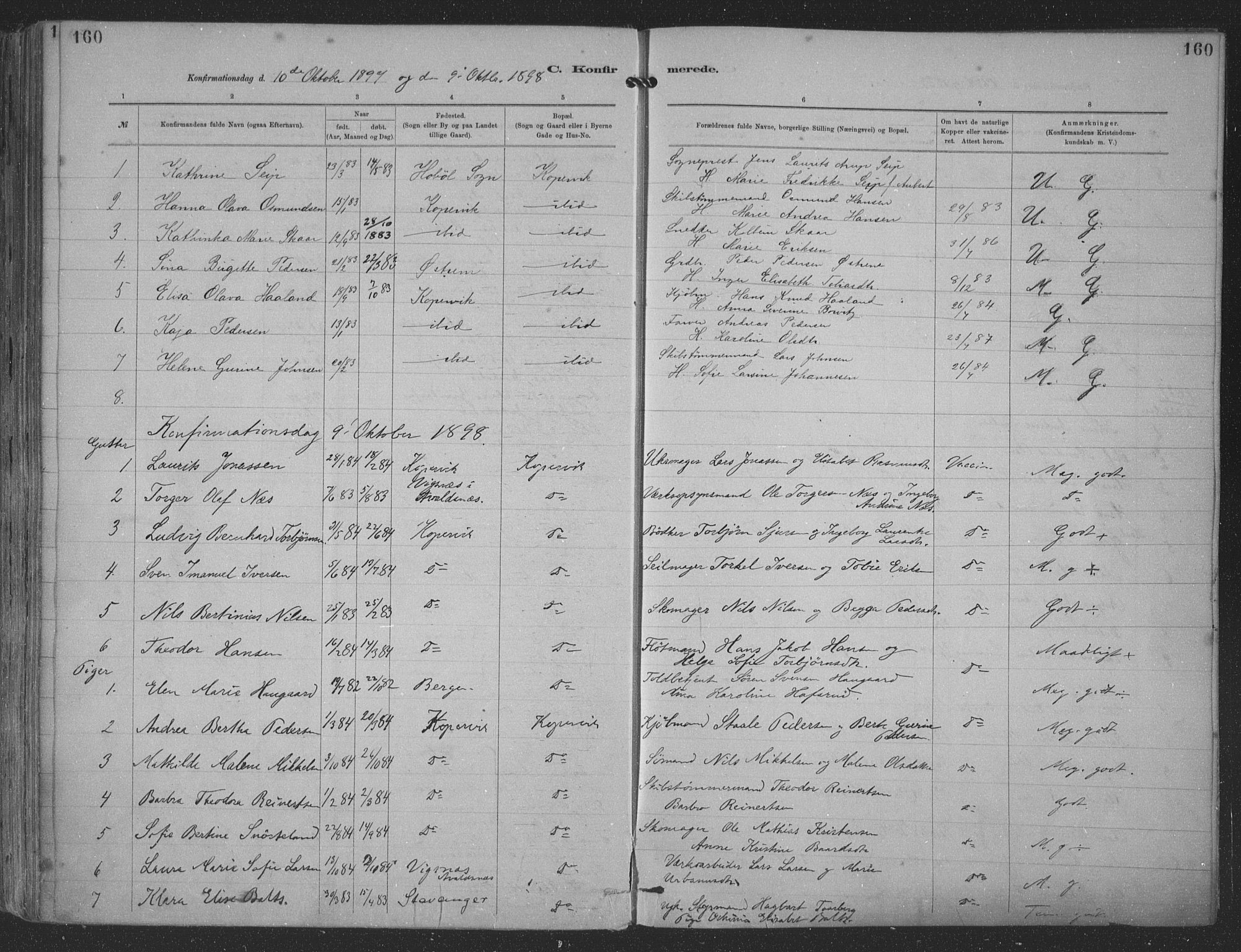 Kopervik sokneprestkontor, SAST/A-101850/H/Ha/Haa/L0001: Parish register (official) no. A 1, 1880-1919, p. 160