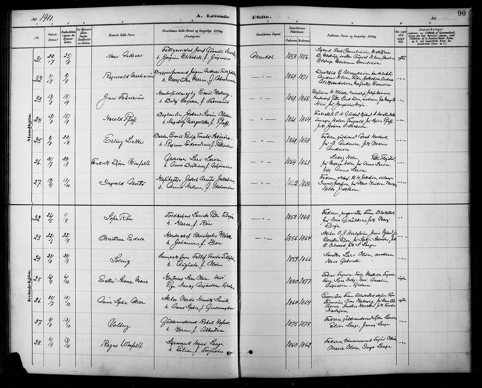 Arendal sokneprestkontor, Trefoldighet, SAK/1111-0040/F/Fb/L0006: Parish register (copy) no. B 6, 1889-1916, p. 90
