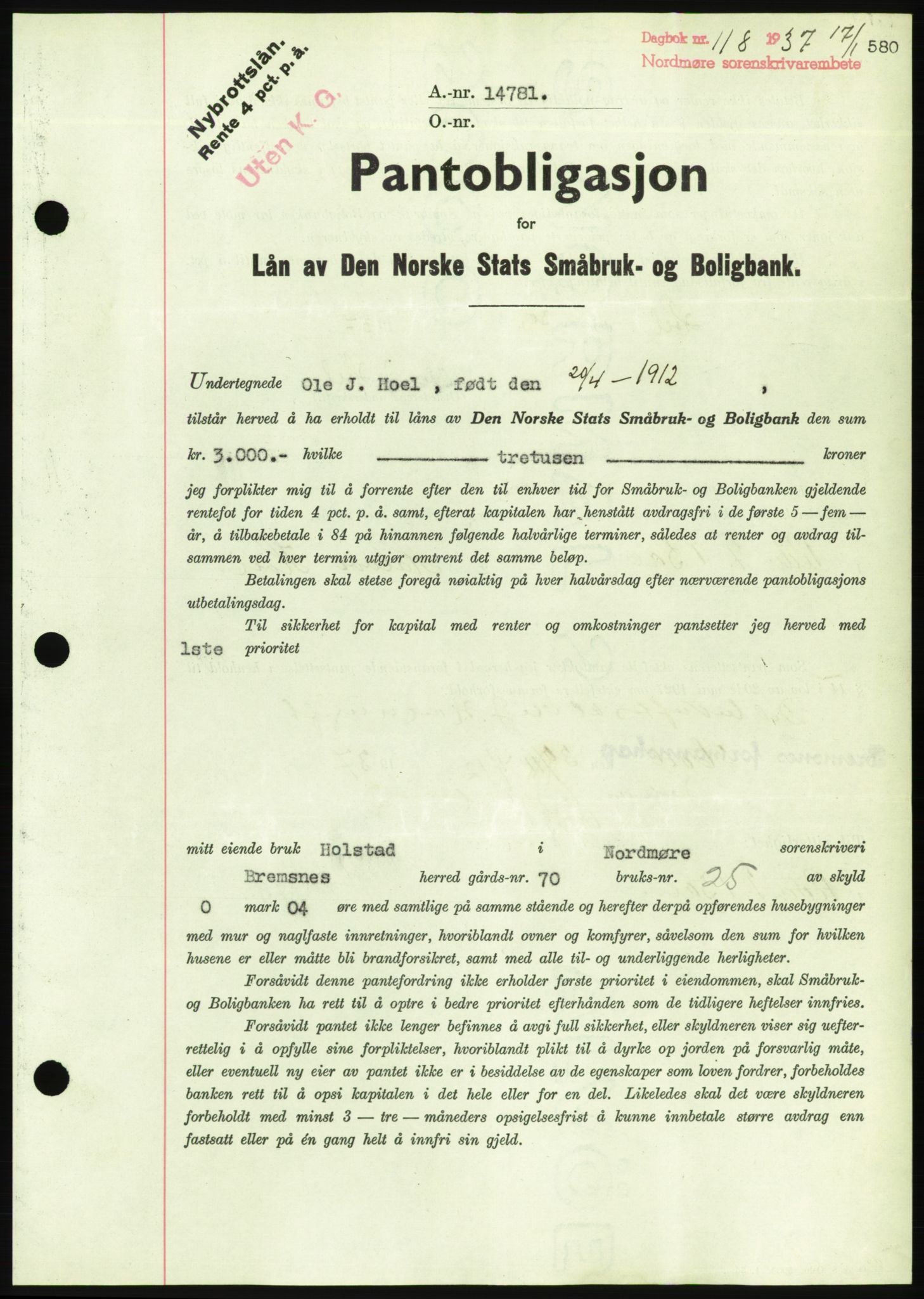 Nordmøre sorenskriveri, AV/SAT-A-4132/1/2/2Ca/L0092: Mortgage book no. B82, 1937-1938, Diary no: : 118/1938