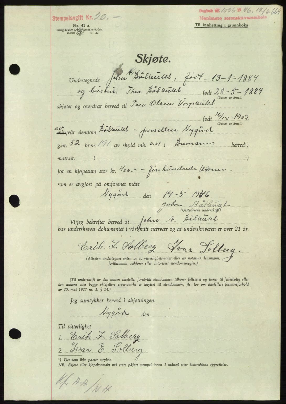 Nordmøre sorenskriveri, AV/SAT-A-4132/1/2/2Ca: Mortgage book no. A101, 1946-1946, Diary no: : 1026/1946