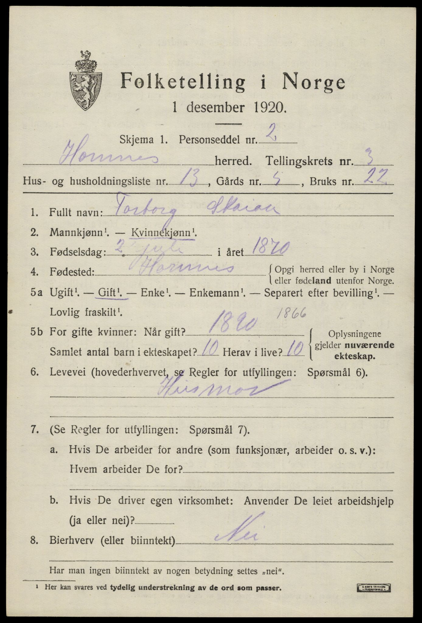 SAK, 1920 census for Hornnes, 1920, p. 945