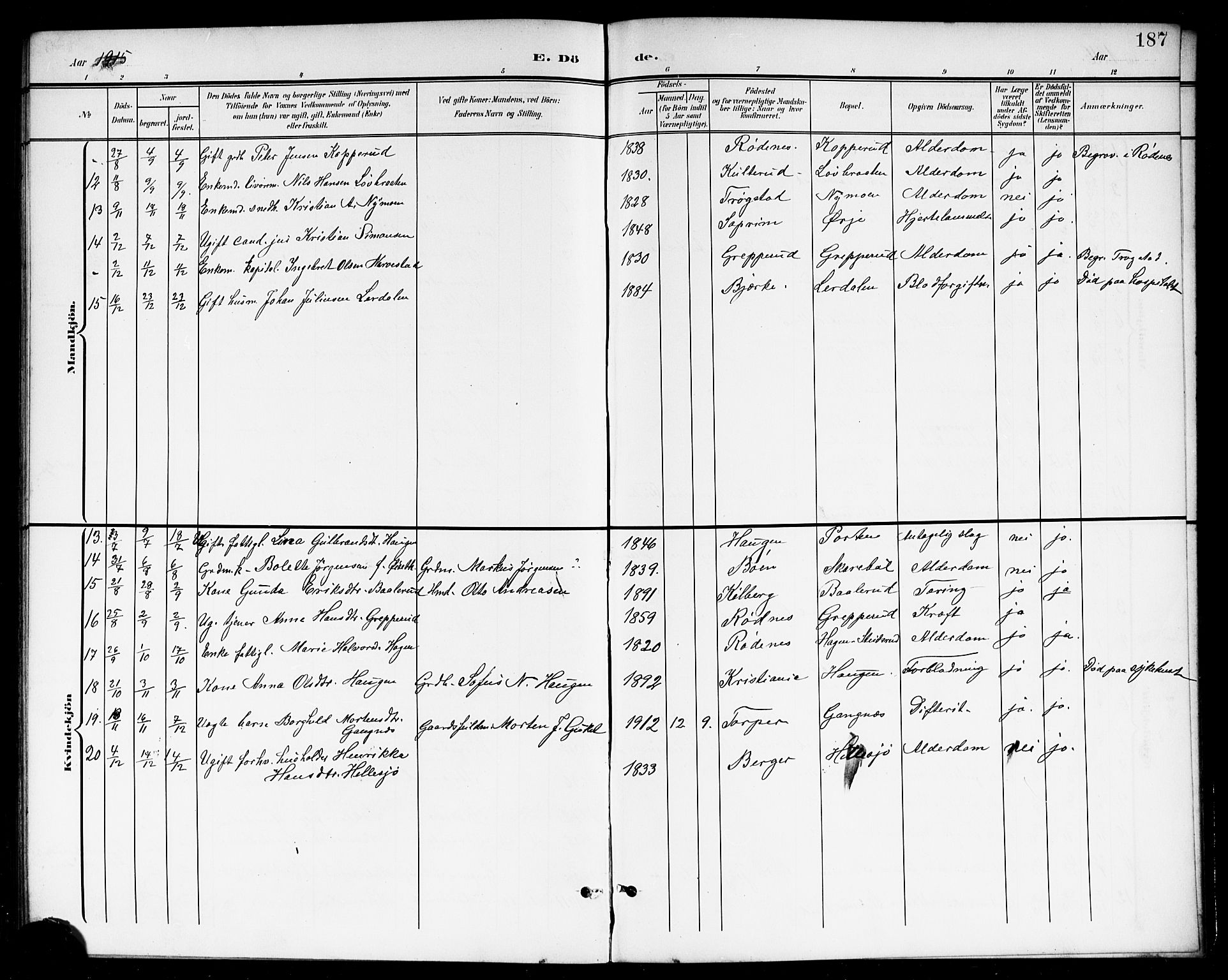 Høland prestekontor Kirkebøker, SAO/A-10346a/G/Gb/L0001: Parish register (copy) no. II 1, 1902-1919, p. 187