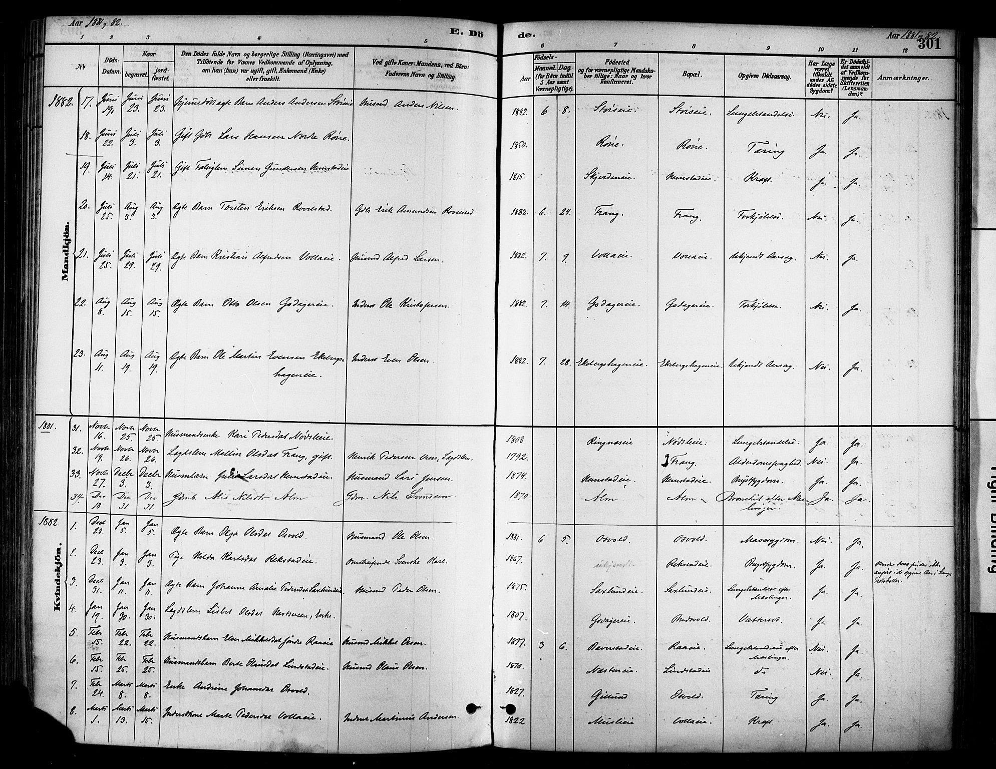 Stange prestekontor, AV/SAH-PREST-002/K/L0017: Parish register (official) no. 17, 1880-1893, p. 301