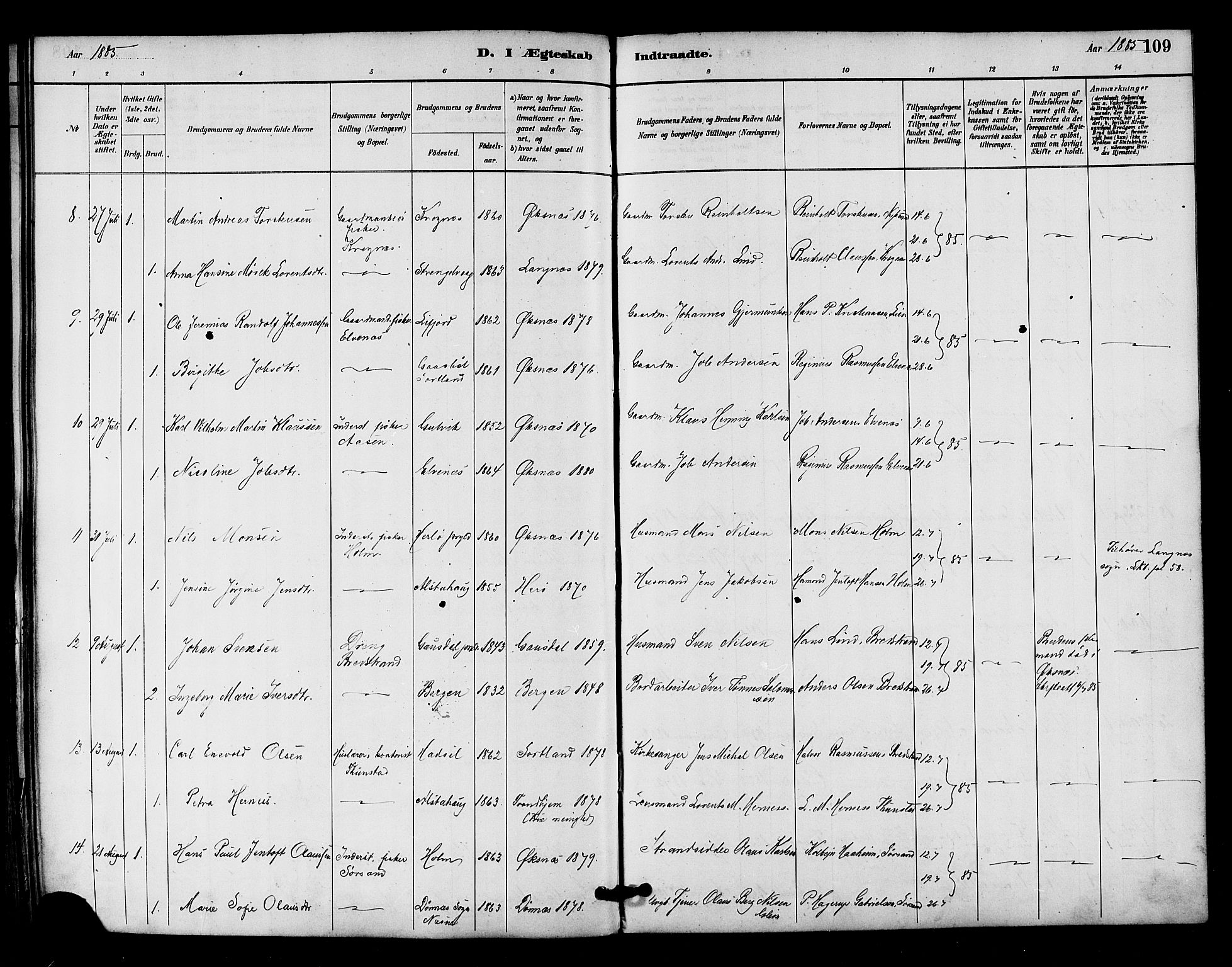 Ministerialprotokoller, klokkerbøker og fødselsregistre - Nordland, AV/SAT-A-1459/893/L1337: Parish register (official) no. 893A09, 1885-1893, p. 109