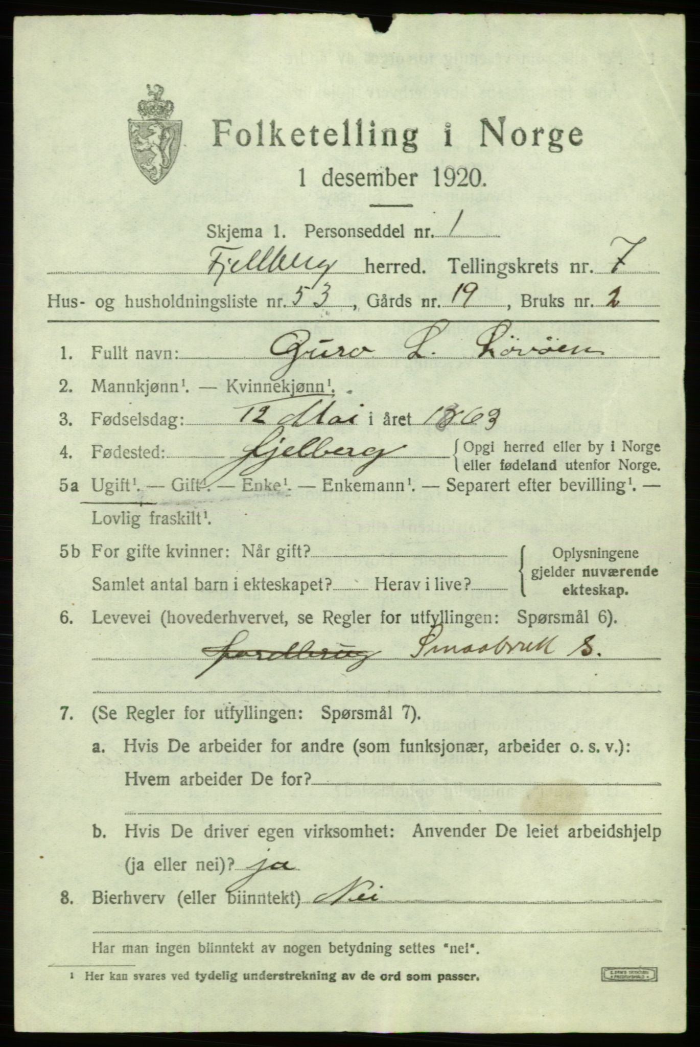 SAB, 1920 census for Fjelberg, 1920, p. 3275