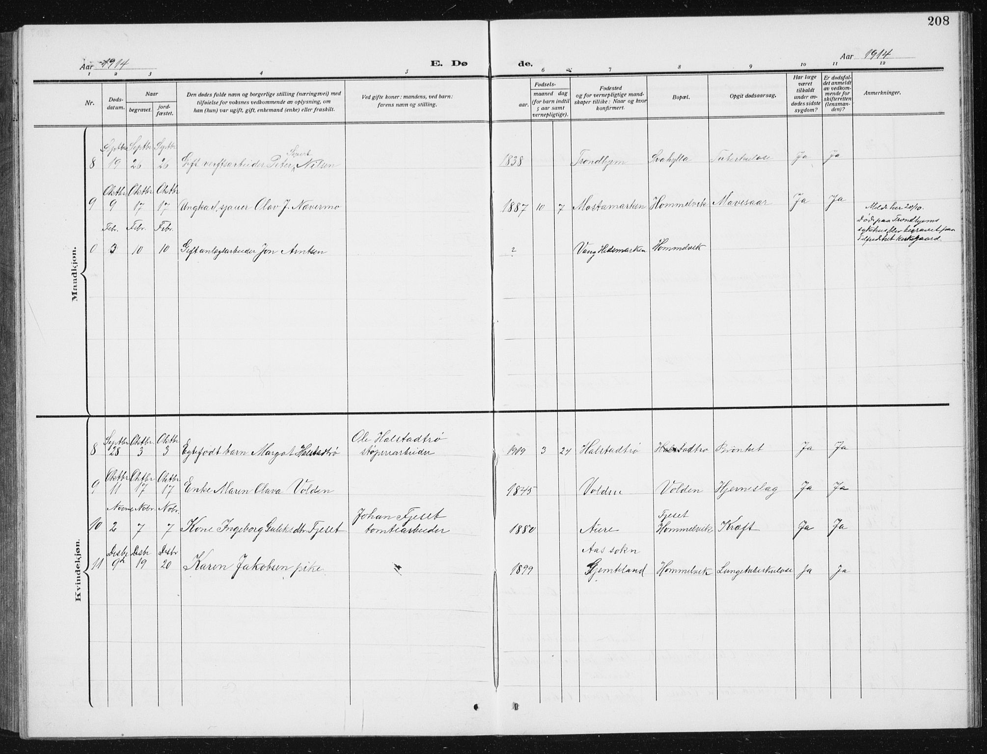 Ministerialprotokoller, klokkerbøker og fødselsregistre - Sør-Trøndelag, AV/SAT-A-1456/617/L0431: Parish register (copy) no. 617C02, 1910-1936, p. 208