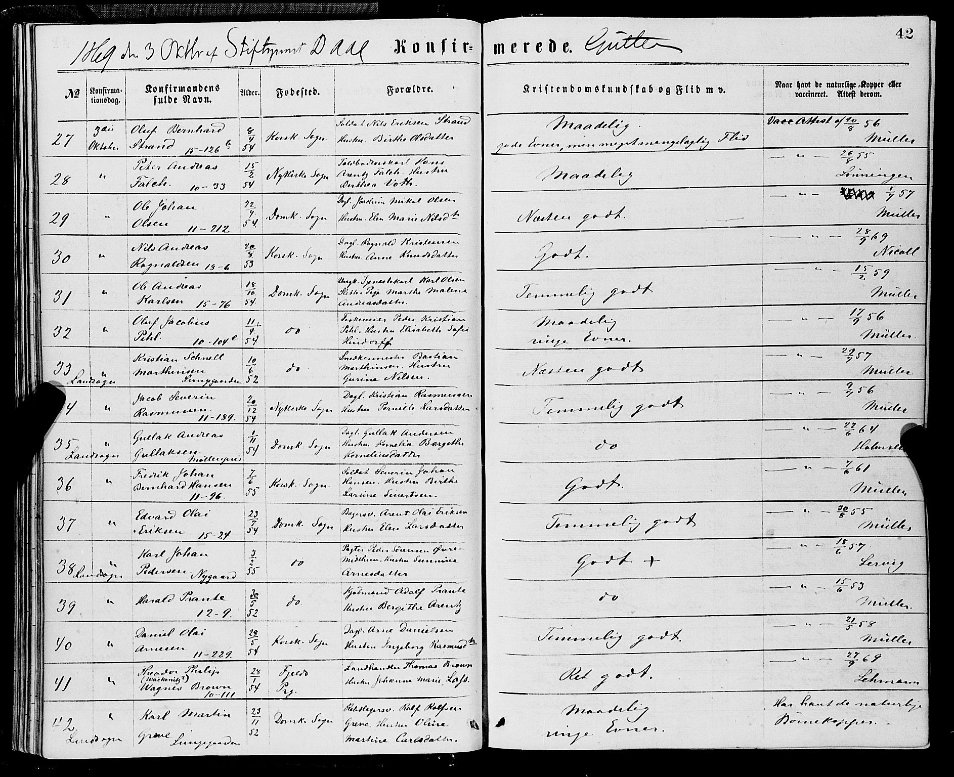 Domkirken sokneprestembete, AV/SAB-A-74801/H/Haa/L0029: Parish register (official) no. C 4, 1864-1879, p. 42