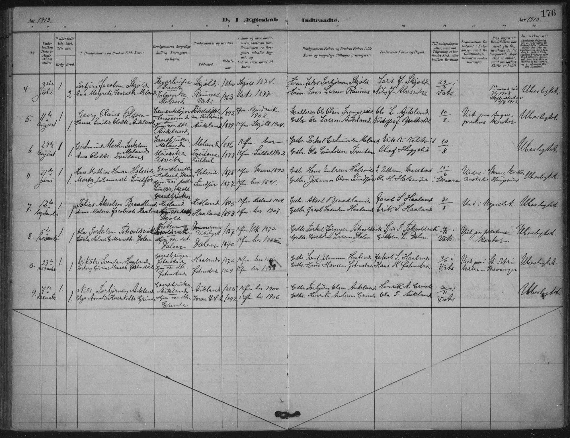 Skjold sokneprestkontor, AV/SAST-A-101847/H/Ha/Haa/L0011: Parish register (official) no. A 11, 1897-1914, p. 176