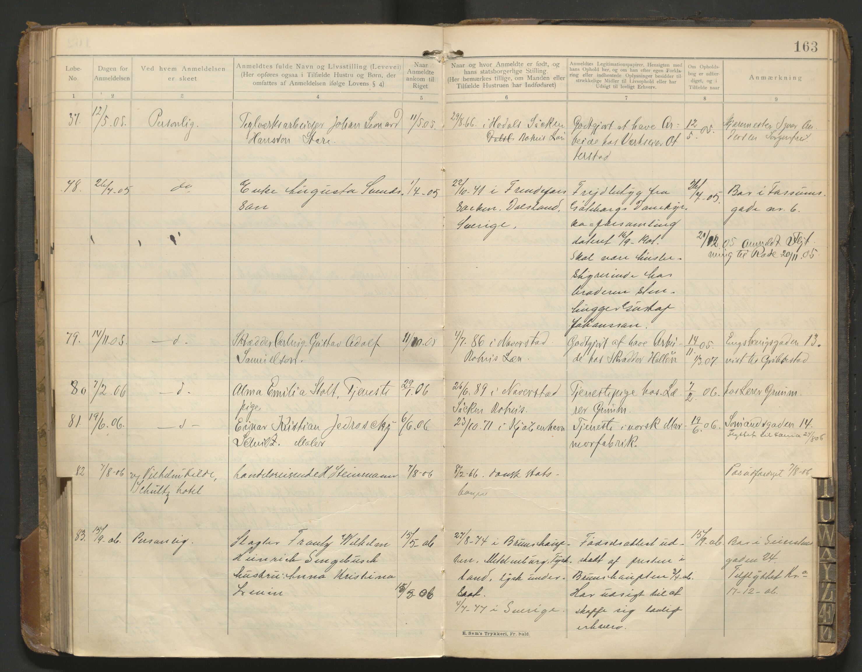 Fredrikstad politikammer, AV/SAO-A-10055/H/Hb/Hba/L0001: Protokoll over fremmede statsborgere, 1901-1916, p. 162b-163a