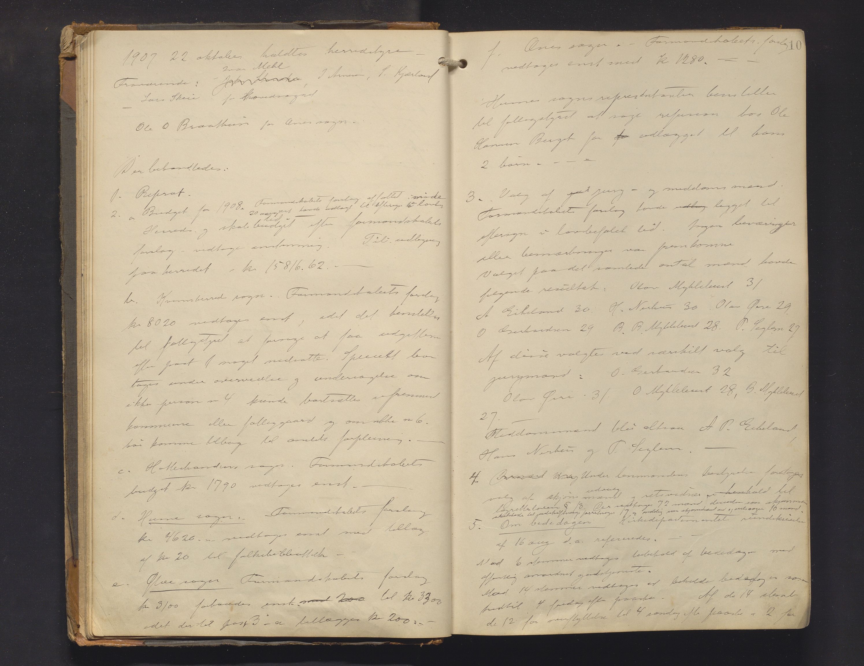 Kvinnherad kommune. Formannskapet, IKAH/1224-021/A/Aa/L0004: Møtebok for formannskap og heradstyre i Kvinnherad prestegjeld og styre i soknekommunane Kvinnherad, Ølve, Husnes og Ænes, 1907-1917, p. 10