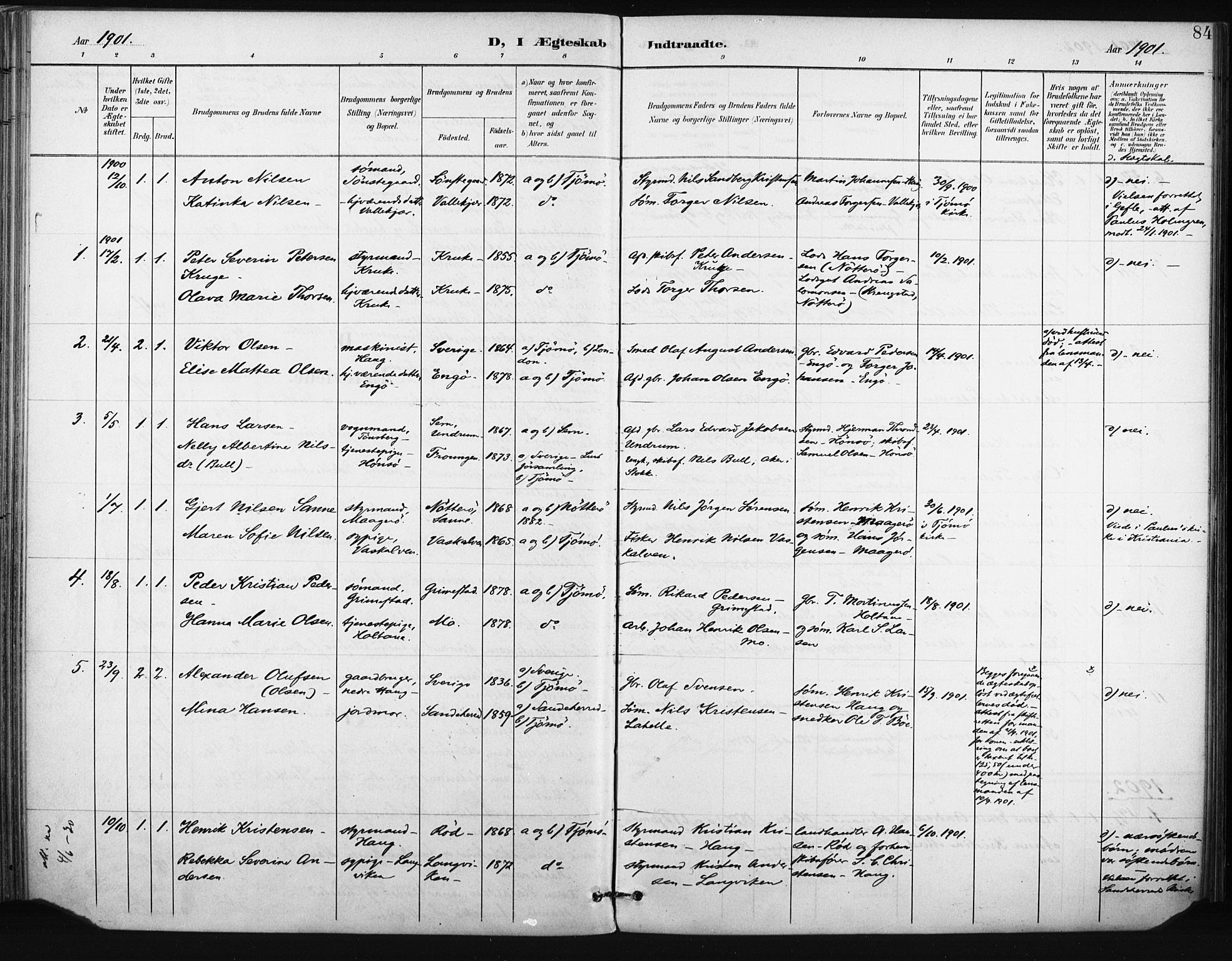 Tjøme kirkebøker, AV/SAKO-A-328/F/Fa/L0005: Parish register (official) no. I 5, 1901-1909, p. 84