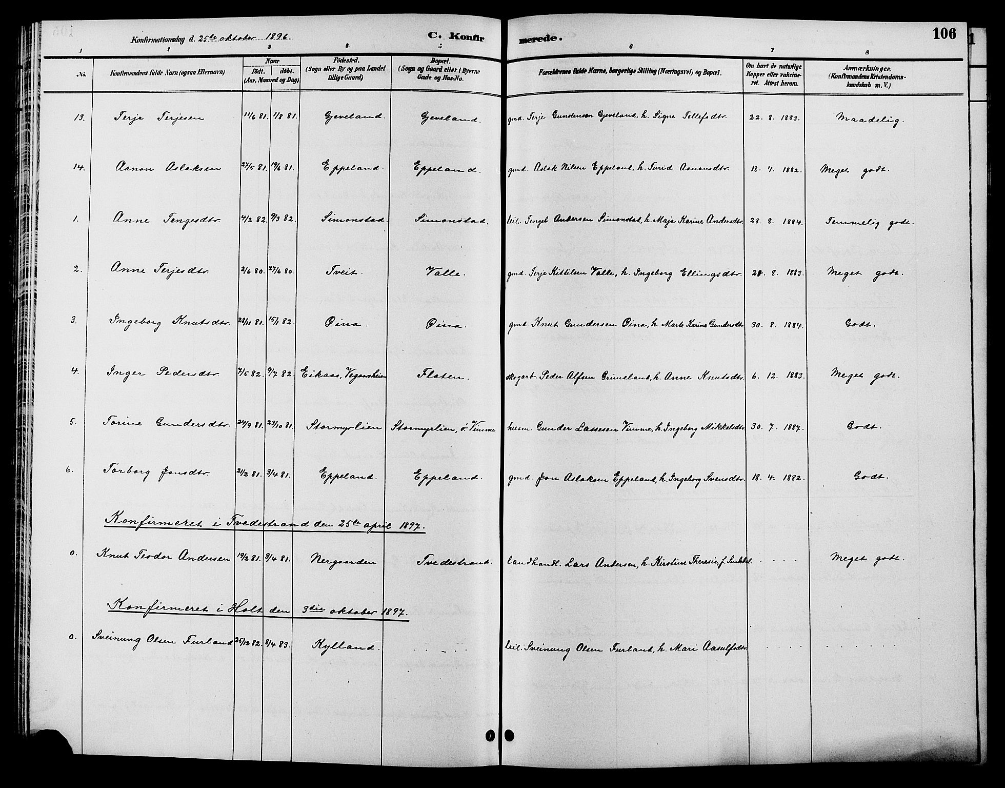 Åmli sokneprestkontor, SAK/1111-0050/F/Fb/Fbc/L0004: Parish register (copy) no. B 4, 1889-1902, p. 106