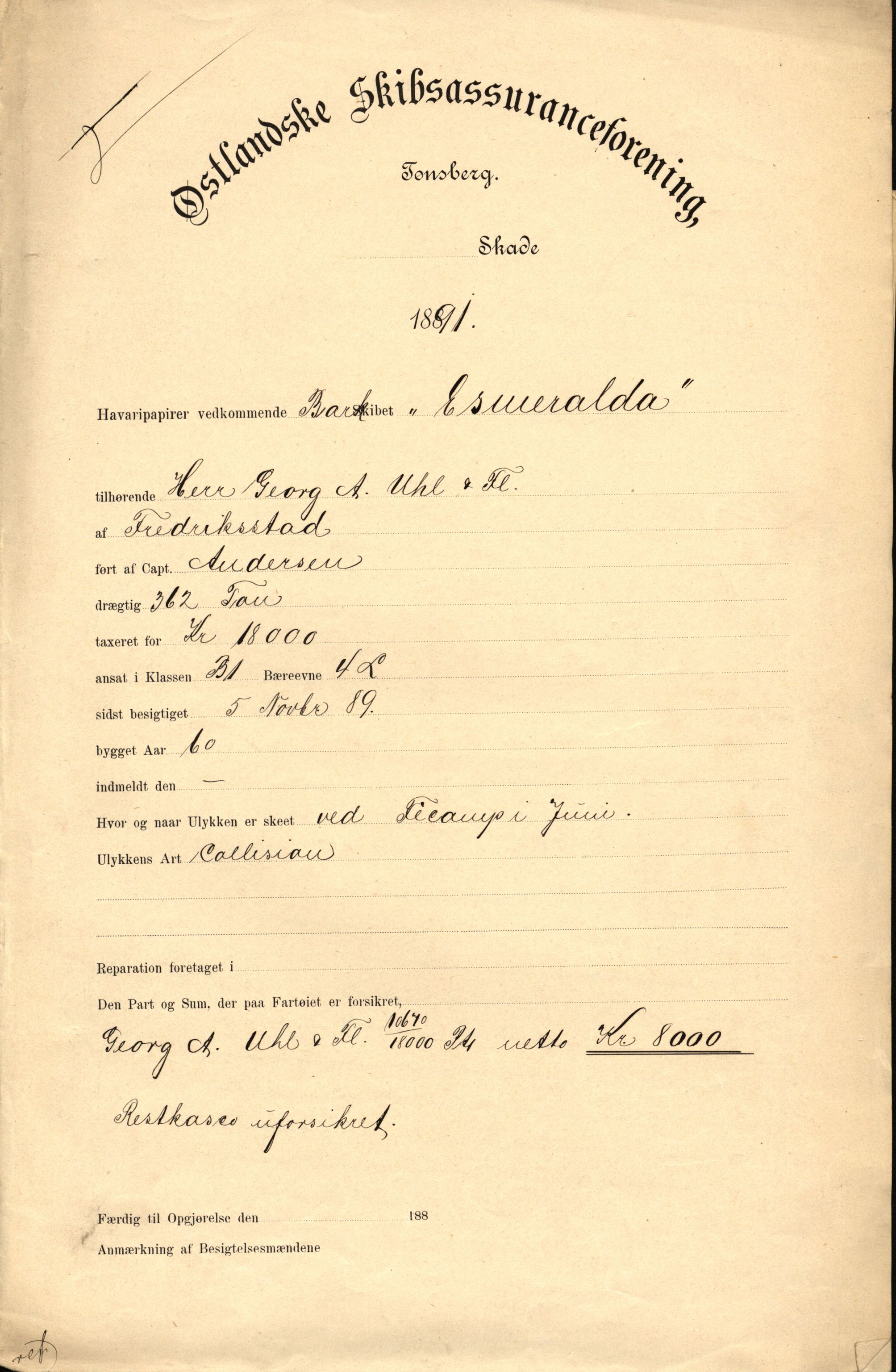 Pa 63 - Østlandske skibsassuranceforening, VEMU/A-1079/G/Ga/L0027/0008: Havaridokumenter / Minnie, Esmeralda, Emil, Emmeline, 1891, p. 14