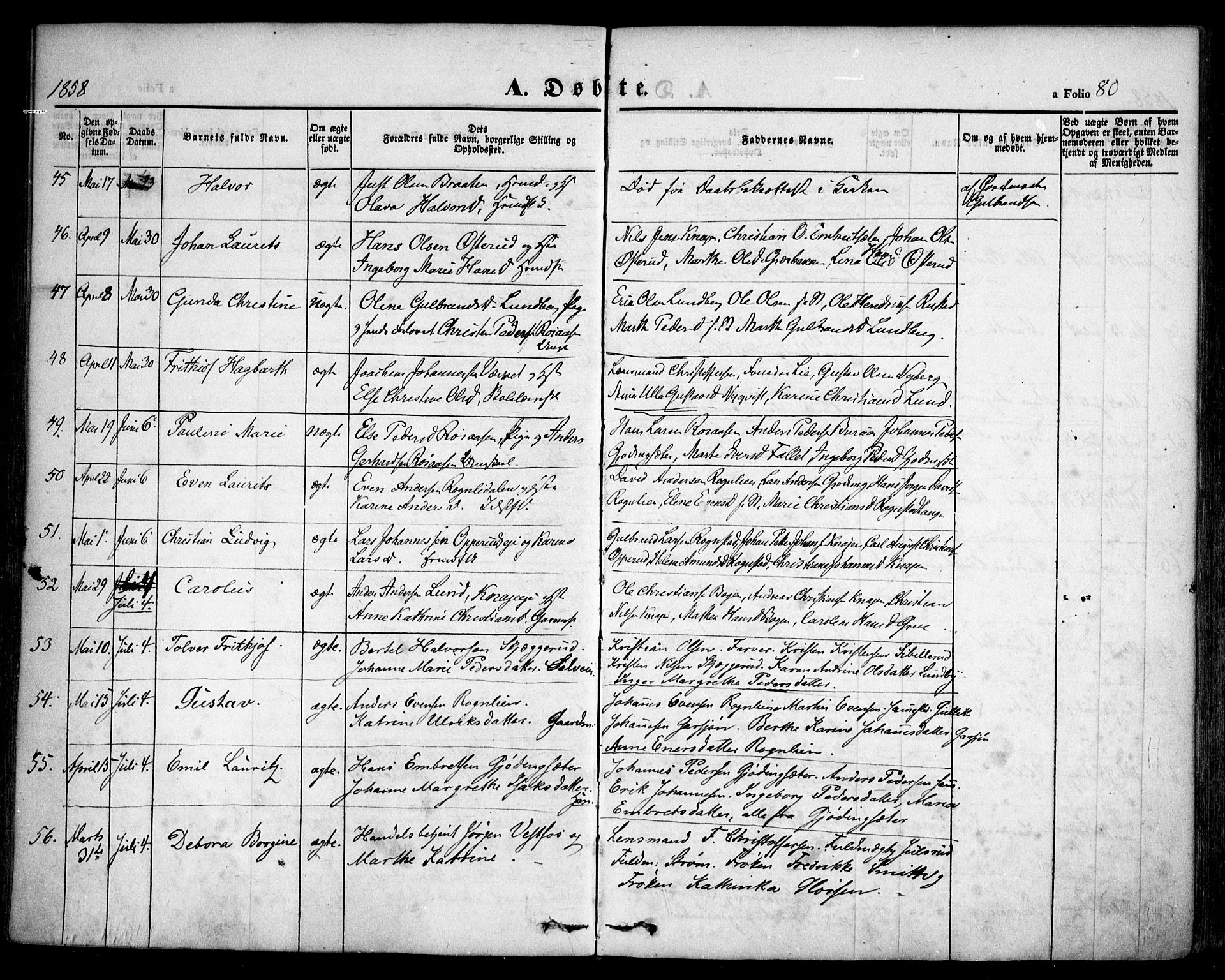 Hurdal prestekontor Kirkebøker, AV/SAO-A-10889/F/Fa/L0005: Parish register (official) no. I 5, 1846-1859, p. 80