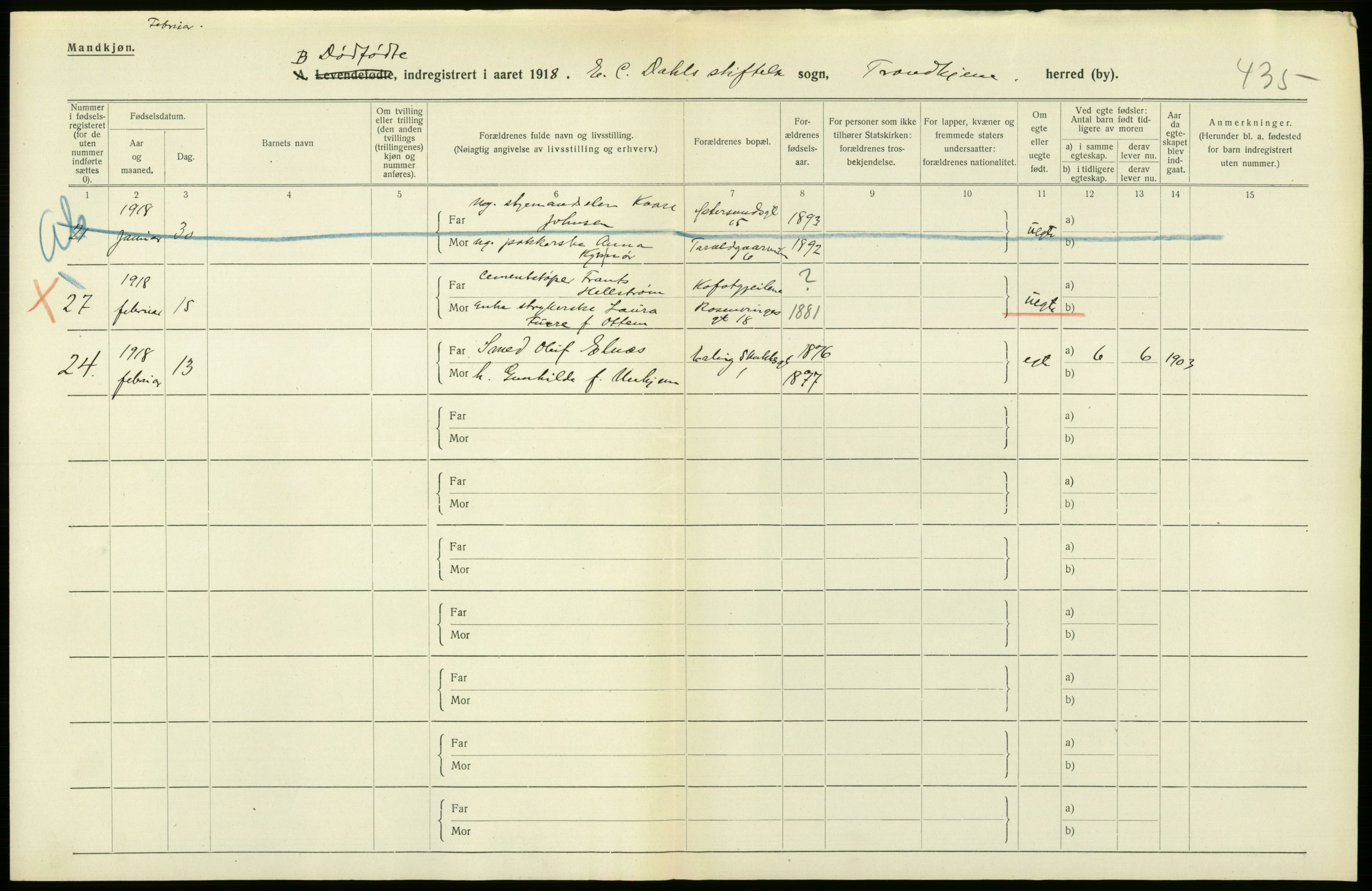 Statistisk sentralbyrå, Sosiodemografiske emner, Befolkning, AV/RA-S-2228/D/Df/Dfb/Dfbh/L0049: Trondheim: Døde, dødfødte., 1918, p. 358