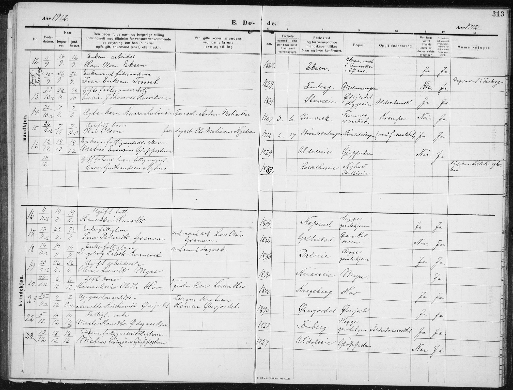 Biri prestekontor, SAH/PREST-096/H/Ha/Hab/L0006: Parish register (copy) no. 6, 1909-1938, p. 313