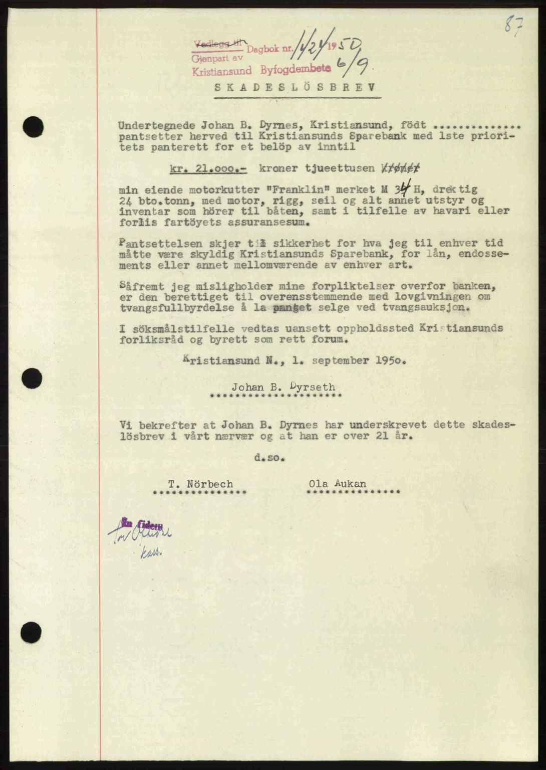Kristiansund byfogd, AV/SAT-A-4587/A/27: Mortgage book no. 50, 1950-1950, Diary no: : 1424/1950
