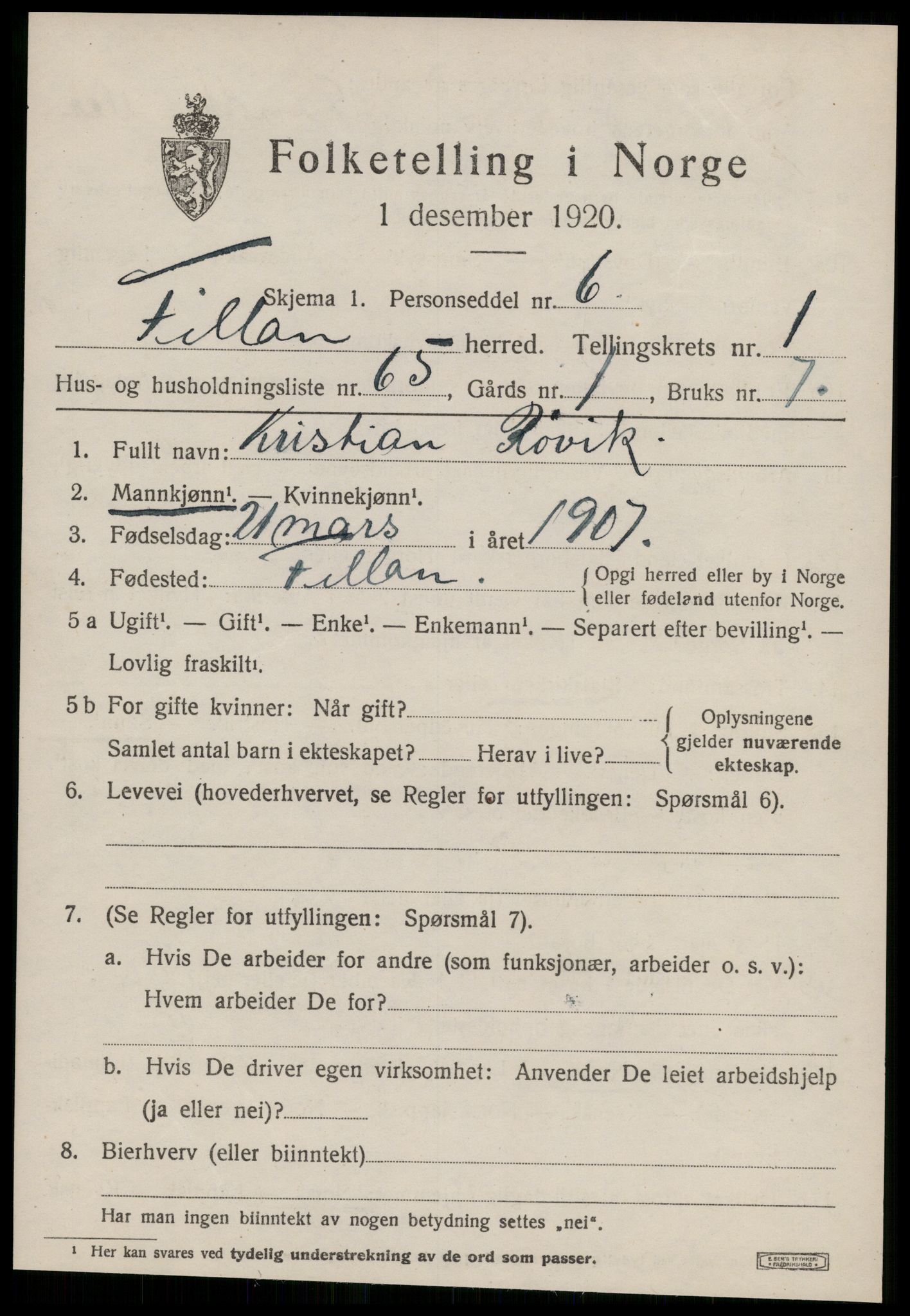 SAT, 1920 census for Fillan, 1920, p. 1316