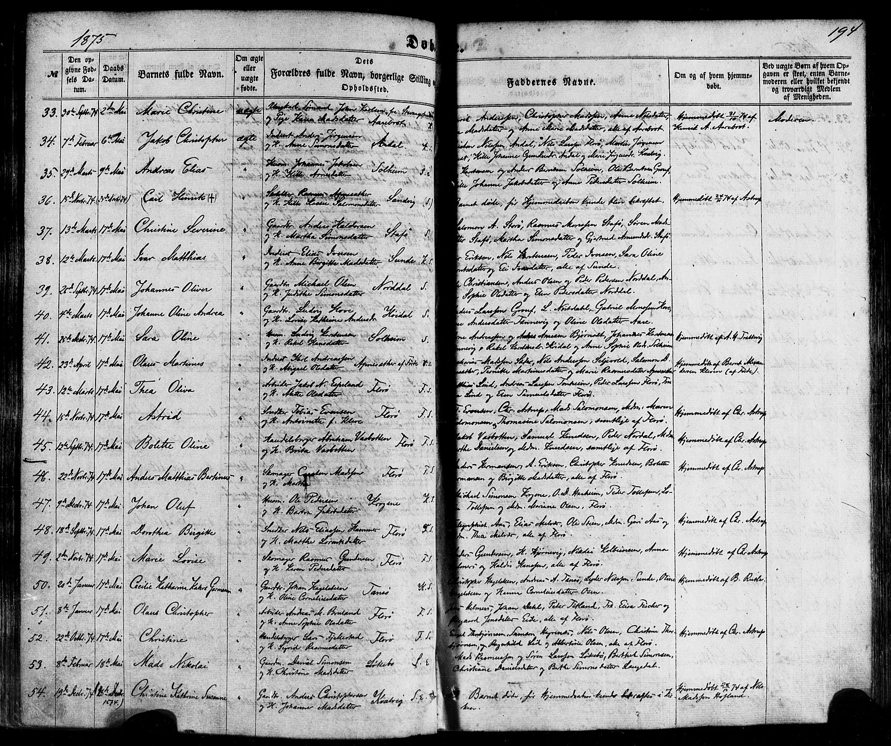 Kinn sokneprestembete, AV/SAB-A-80801/H/Haa/Haaa/L0006: Parish register (official) no. A 6, 1857-1885, p. 194