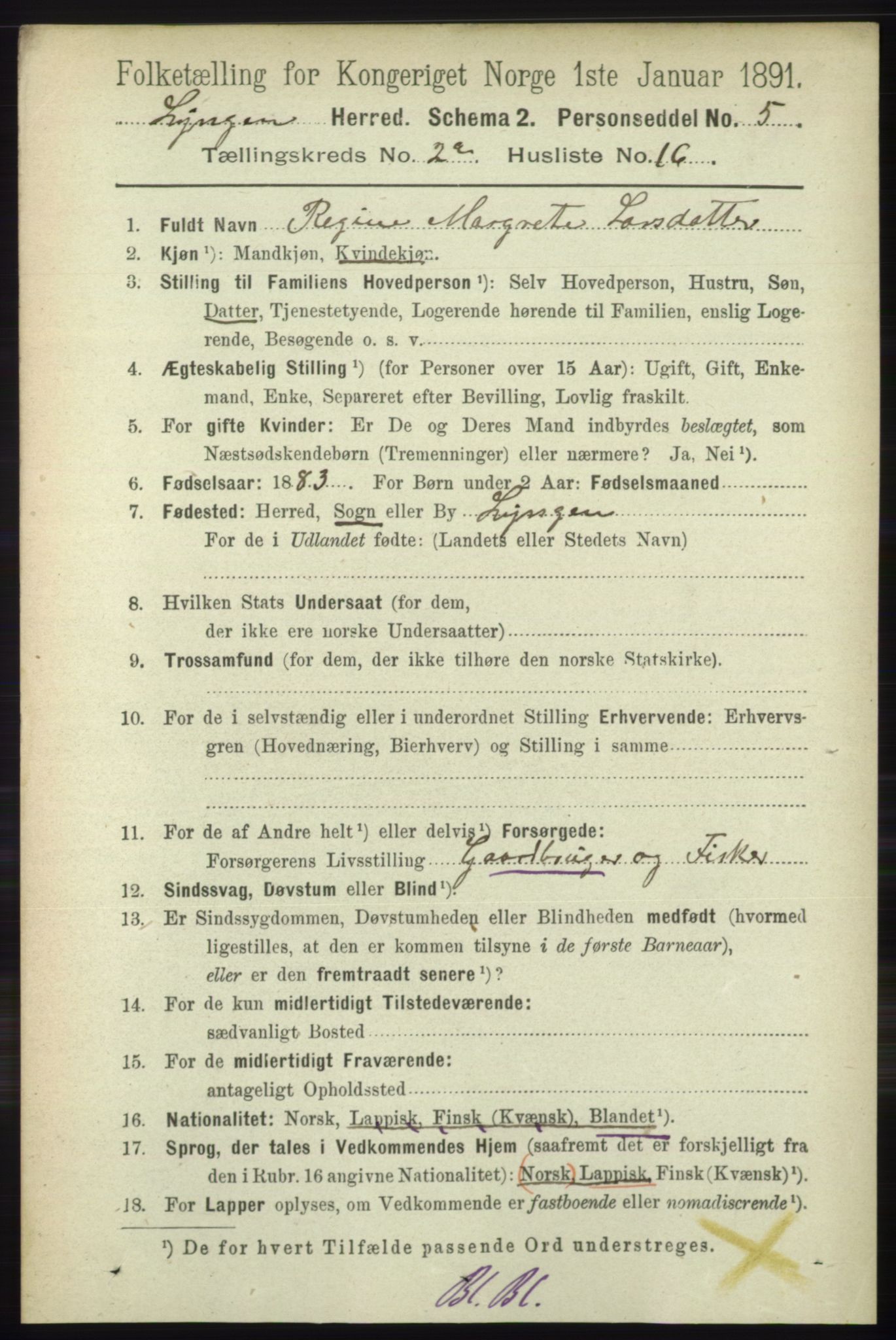 RA, 1891 census for 1938 Lyngen, 1891, p. 2080