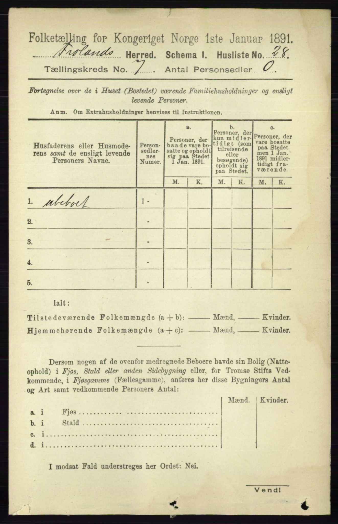 RA, 1891 census for 0919 Froland, 1891, p. 2652