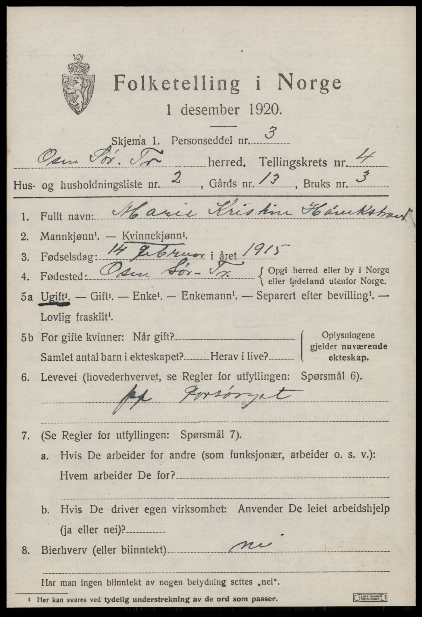 SAT, 1920 census for Osen, 1920, p. 1583