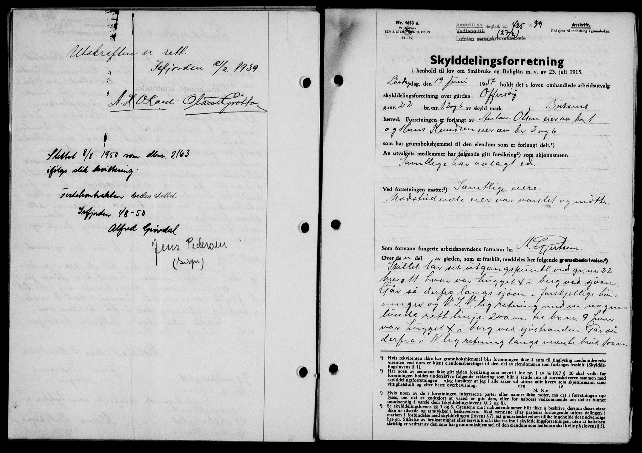 Lofoten sorenskriveri, SAT/A-0017/1/2/2C/L0005a: Mortgage book no. 5a, 1939-1939, Diary no: : 425/1939