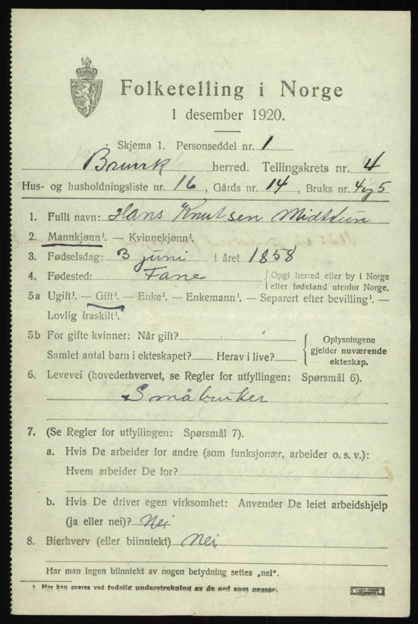 SAB, 1920 census for Bruvik, 1920, p. 2630