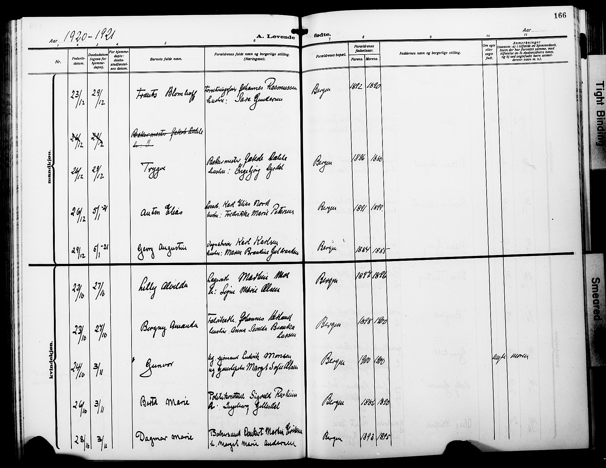 Fødselsstiftelsens sokneprestembete*, SAB/-: Parish register (copy) no. A 3, 1916-1925, p. 166