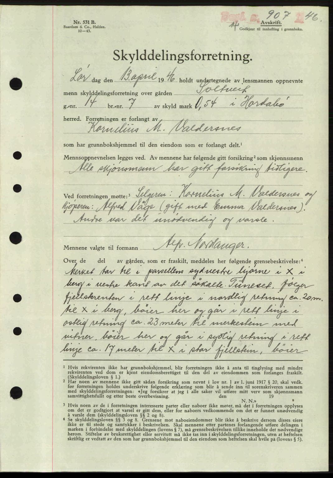 Nordhordland sorenskrivar, AV/SAB-A-2901/1/G/Gb/Gbf/L0026b: Mortgage book no. A26b, 1946-1946, Diary no: : 907/1946