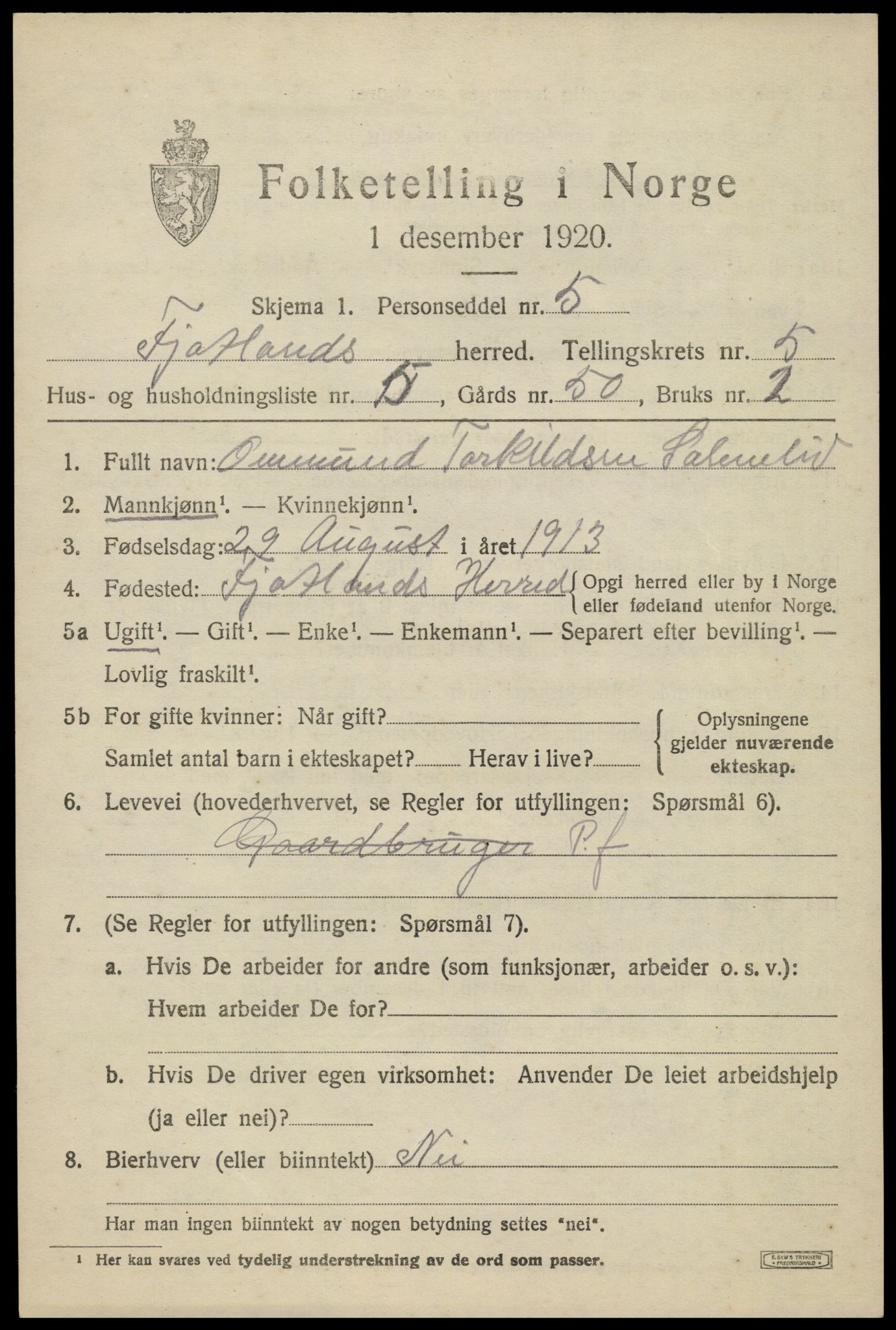 SAK, 1920 census for Fjotland, 1920, p. 1580