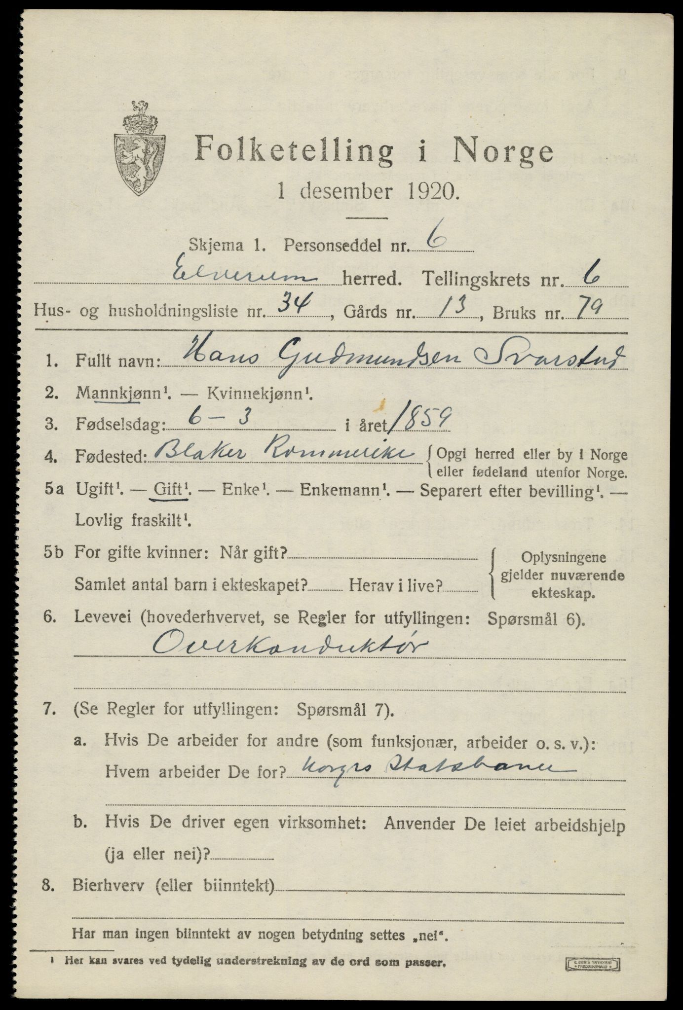 SAH, 1920 census for Elverum, 1920, p. 9696